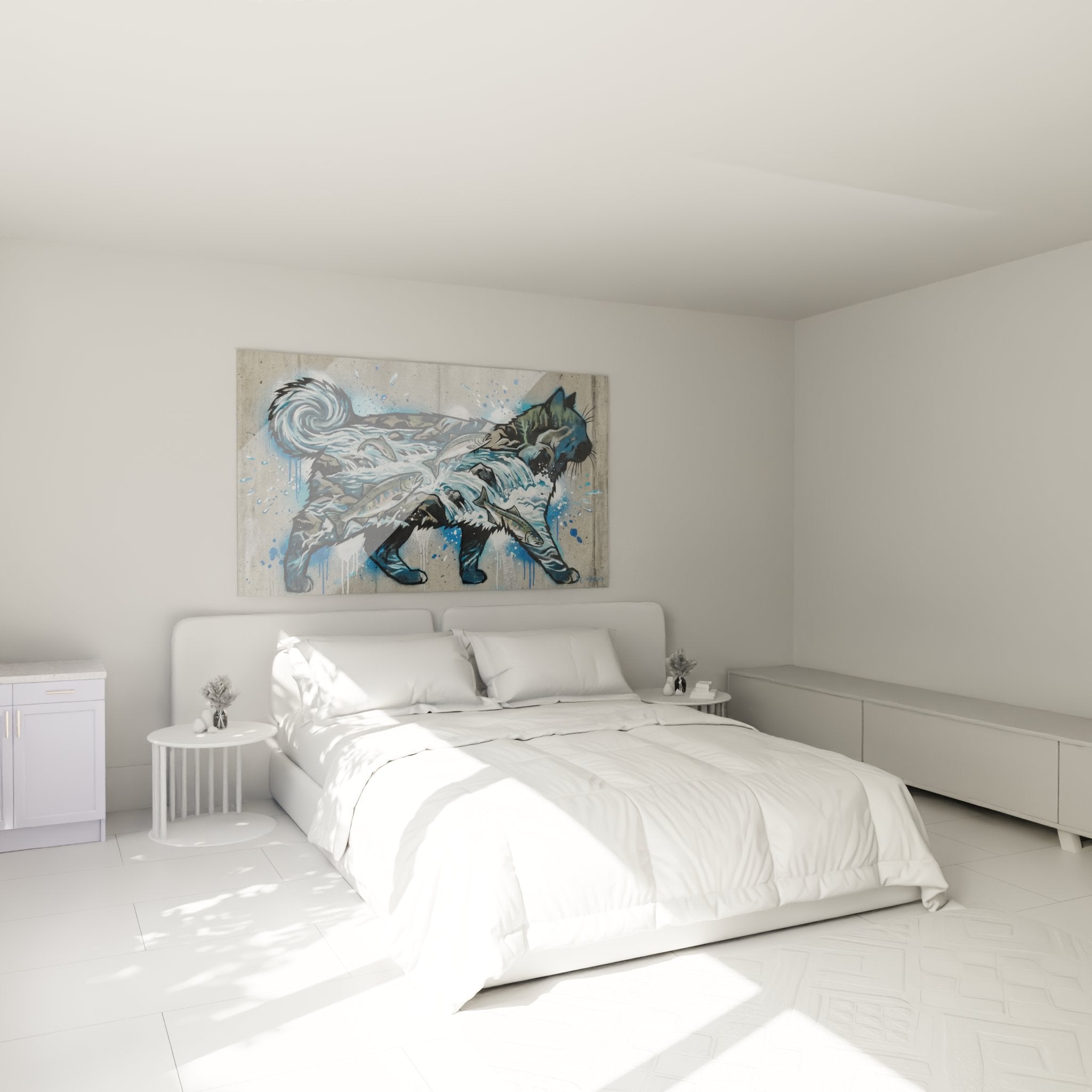 Water cat artwork decorating a modern bedroom with white walls and contemporary furniture