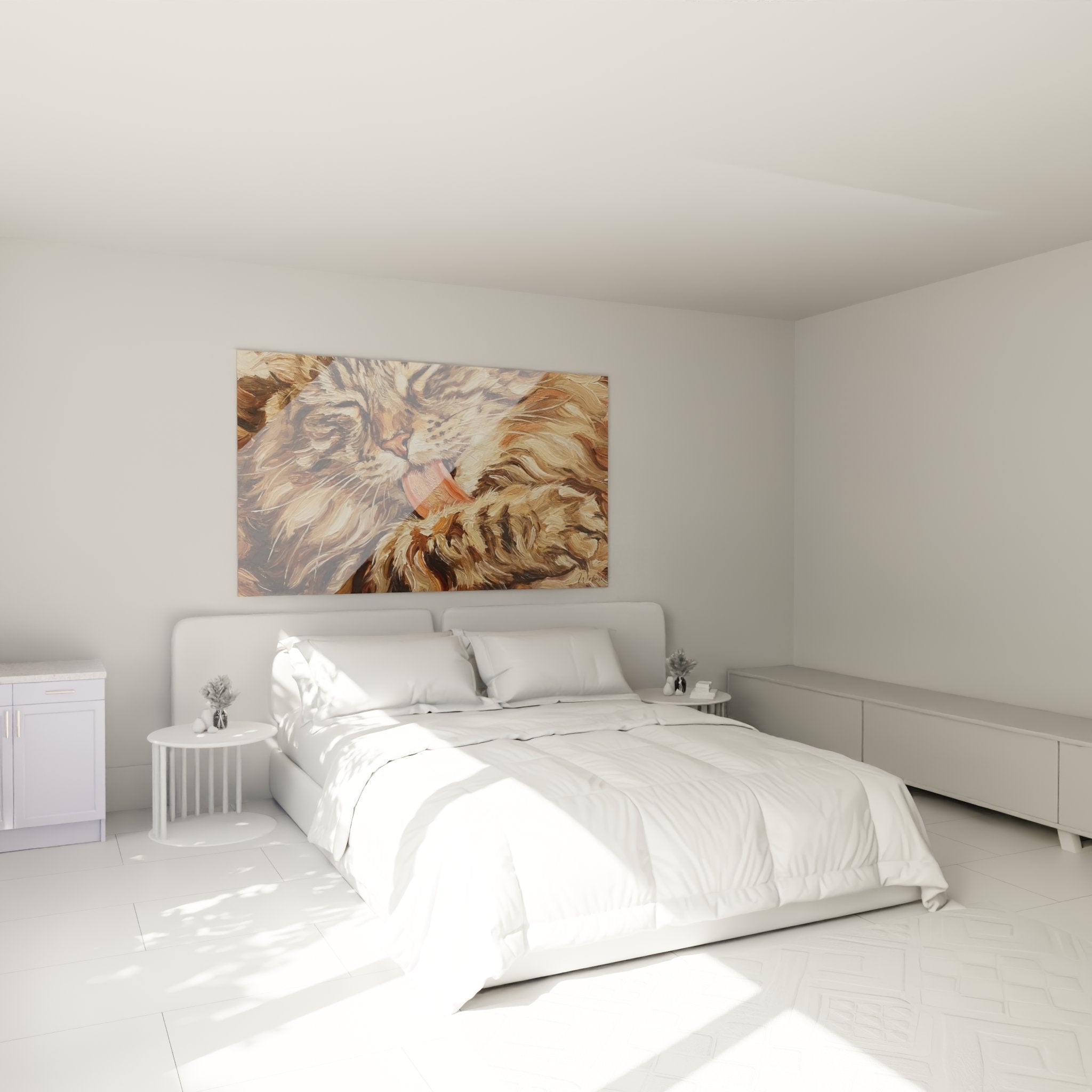 Quadro gatto Ragamuffin addormentato in camera moderna, decorazione murale felina toni caldi atmosfera accogliente