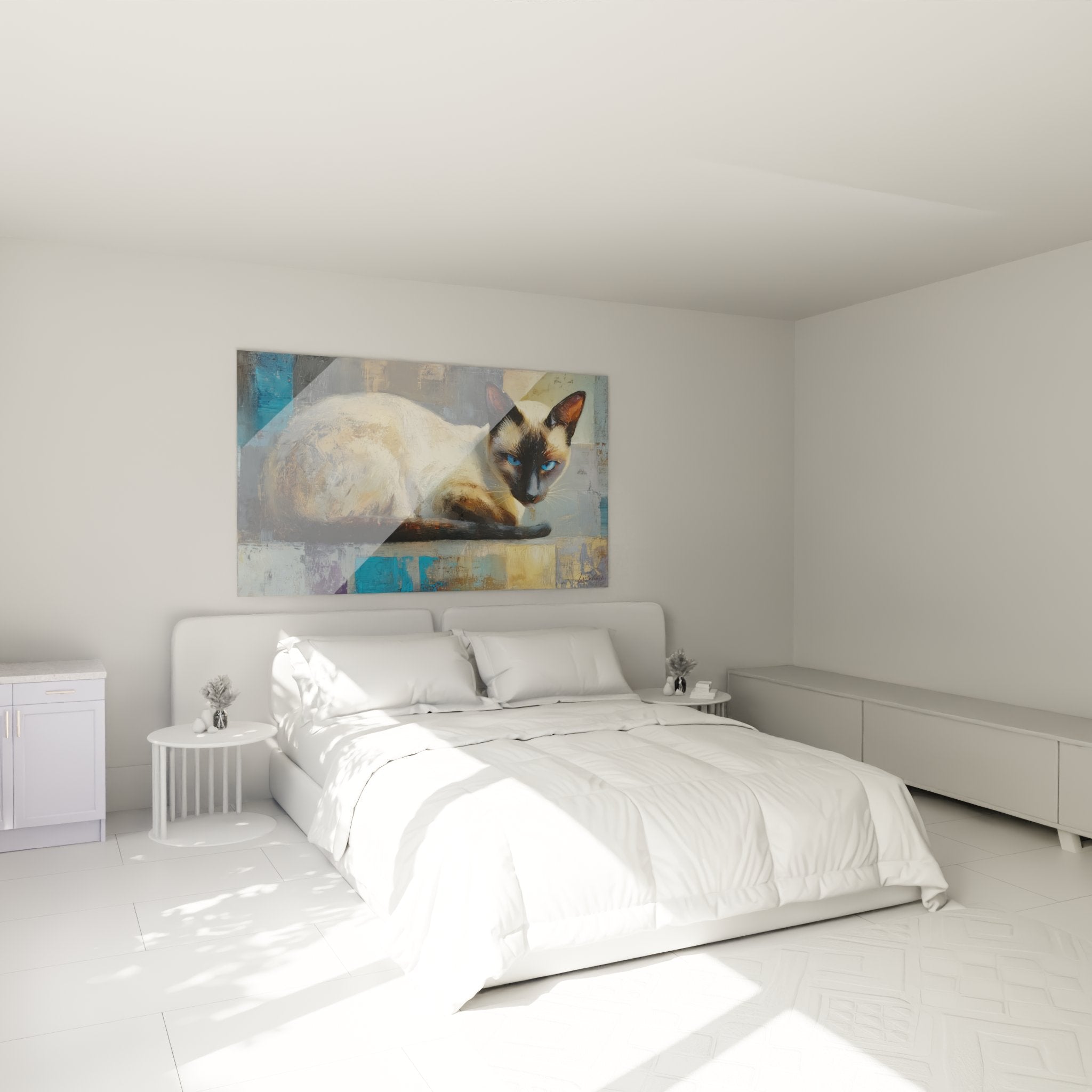 Decorazione camera da letto con quadro gatto siamese moderno, atmosfera accogliente ed elegante per interno contemporaneo