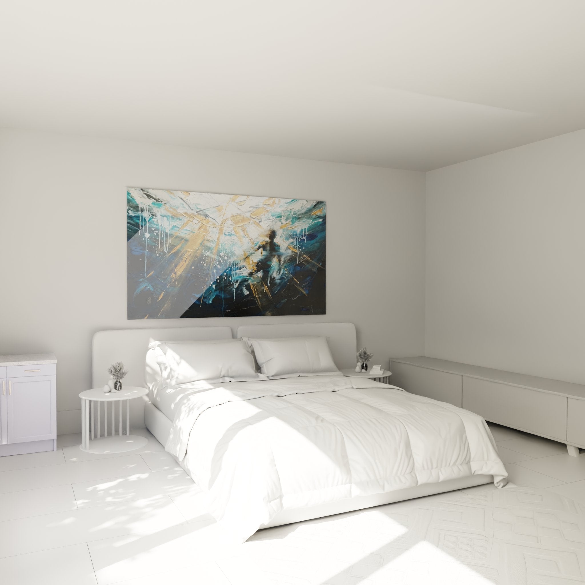 Décoration chambre avec tableau plongée sous-marine rayons dorés - ambiance relaxante océan bleu