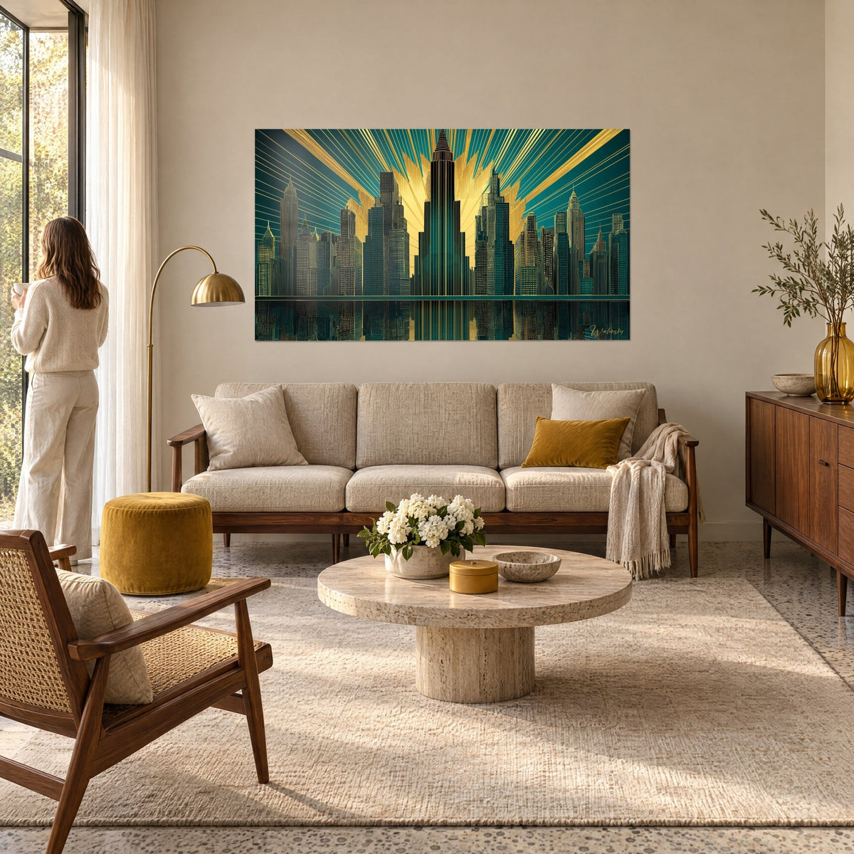 Tableau gratte-ciel Art déco aux rayons dorés sur fond vert canard, au-dessus d'un canapé dans un salon lumineux