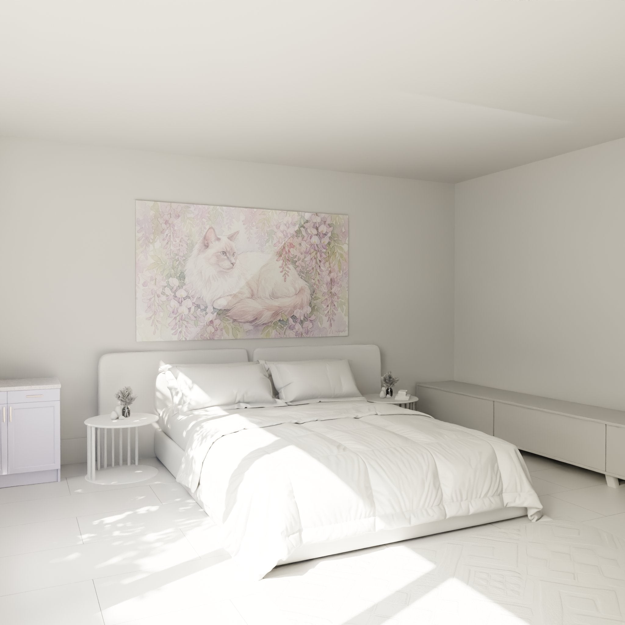 Décoration murale chambre avec tableau chat Balinais et glycines, ambiance zen et apaisante tons pastel violets