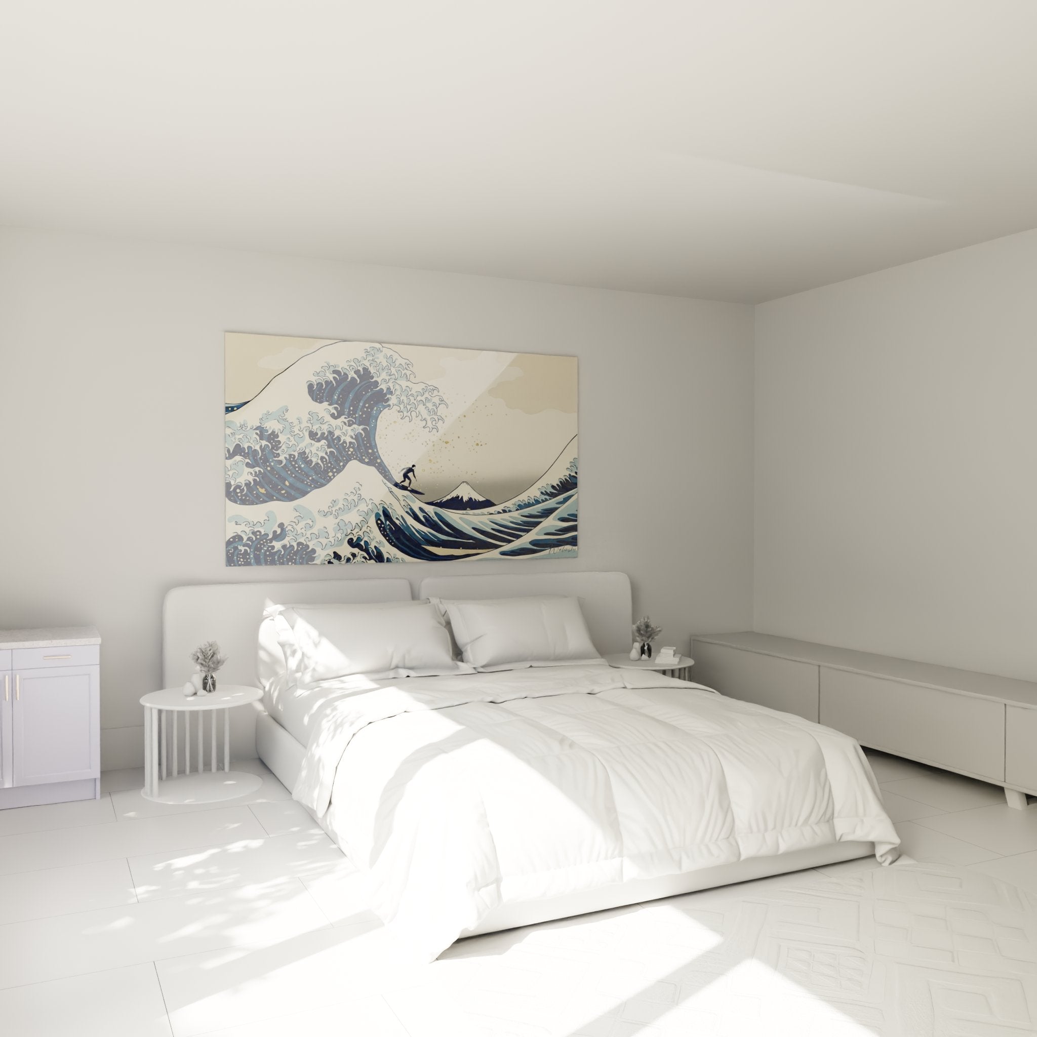 Großes Surfer-Wellen-Gemälde im modernen Schlafzimmer, Wanddekoration im japanischen Ozeanstil