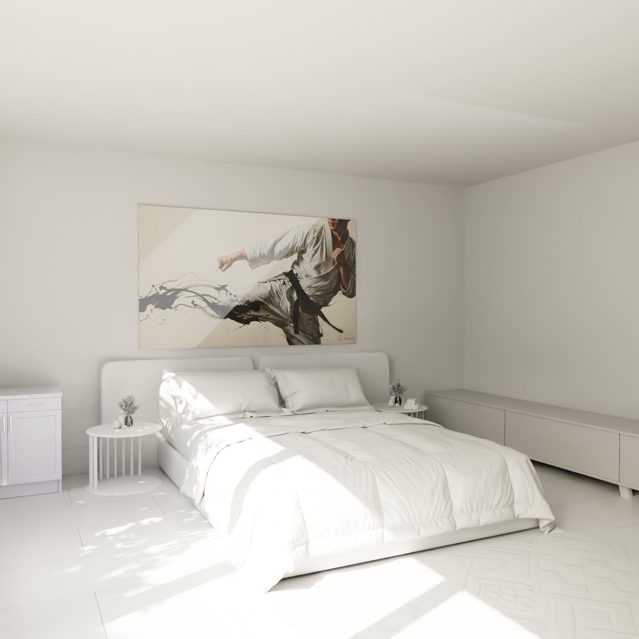 Tableau art martial karaté coup de pied dynamique décorant chambre moderne avec style minimaliste japonais