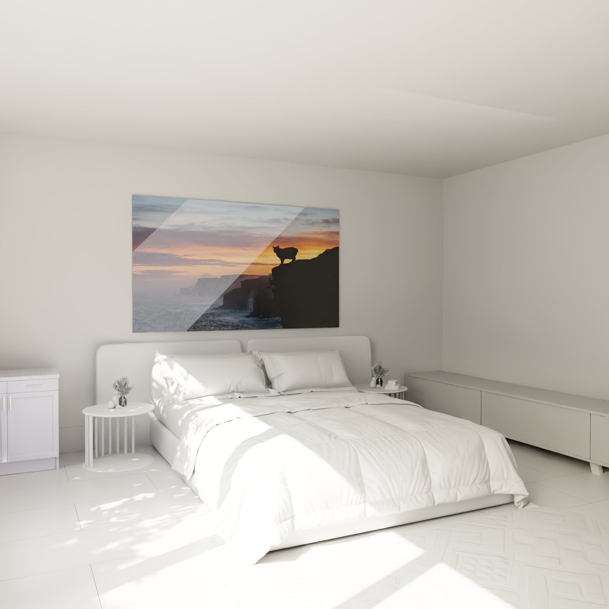 Quadro gatto Manx al tramonto in camera moderna, decorazione murale felina rilassante