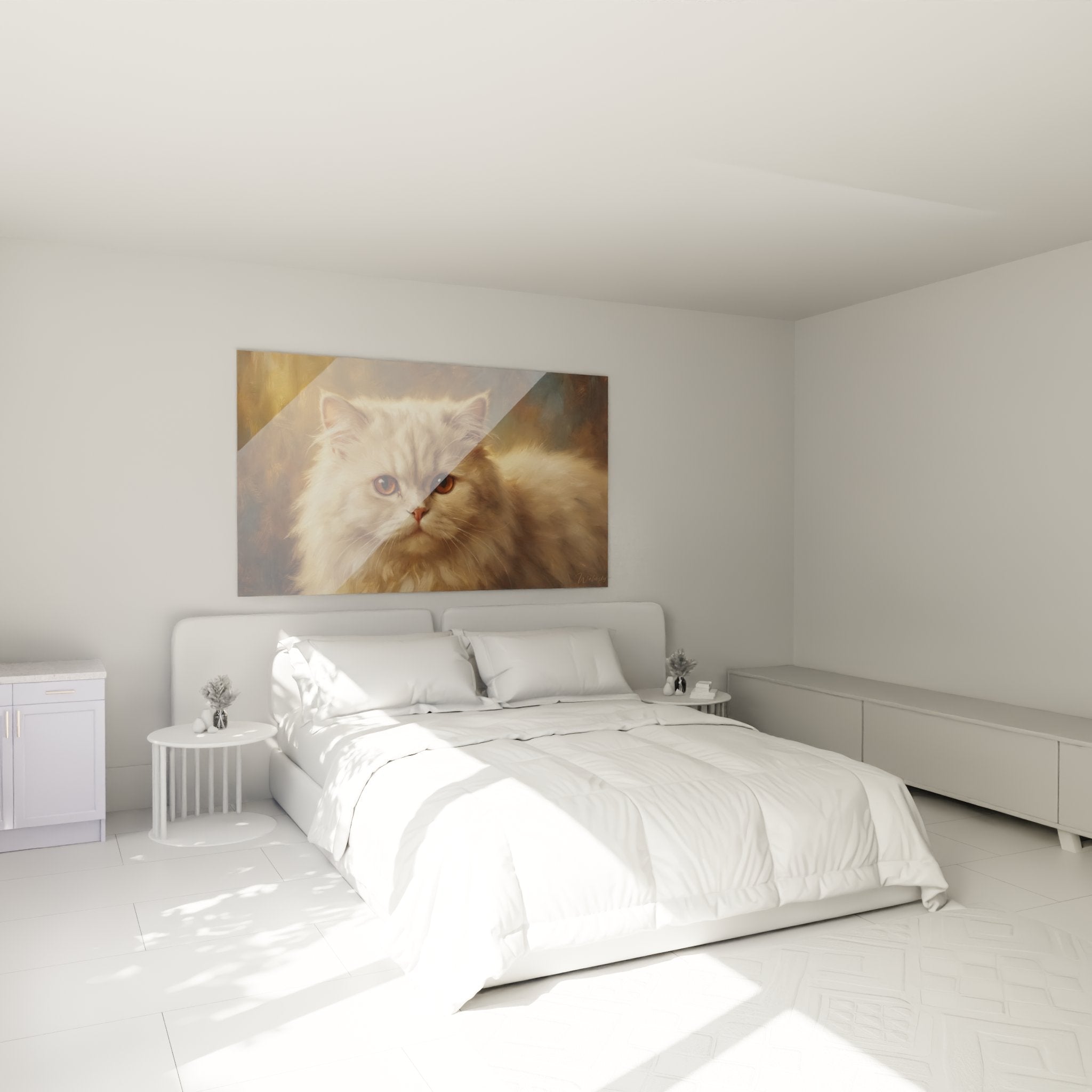 Cream Persian cat wall art elegantly decorating a modern bedroom with softness and grace