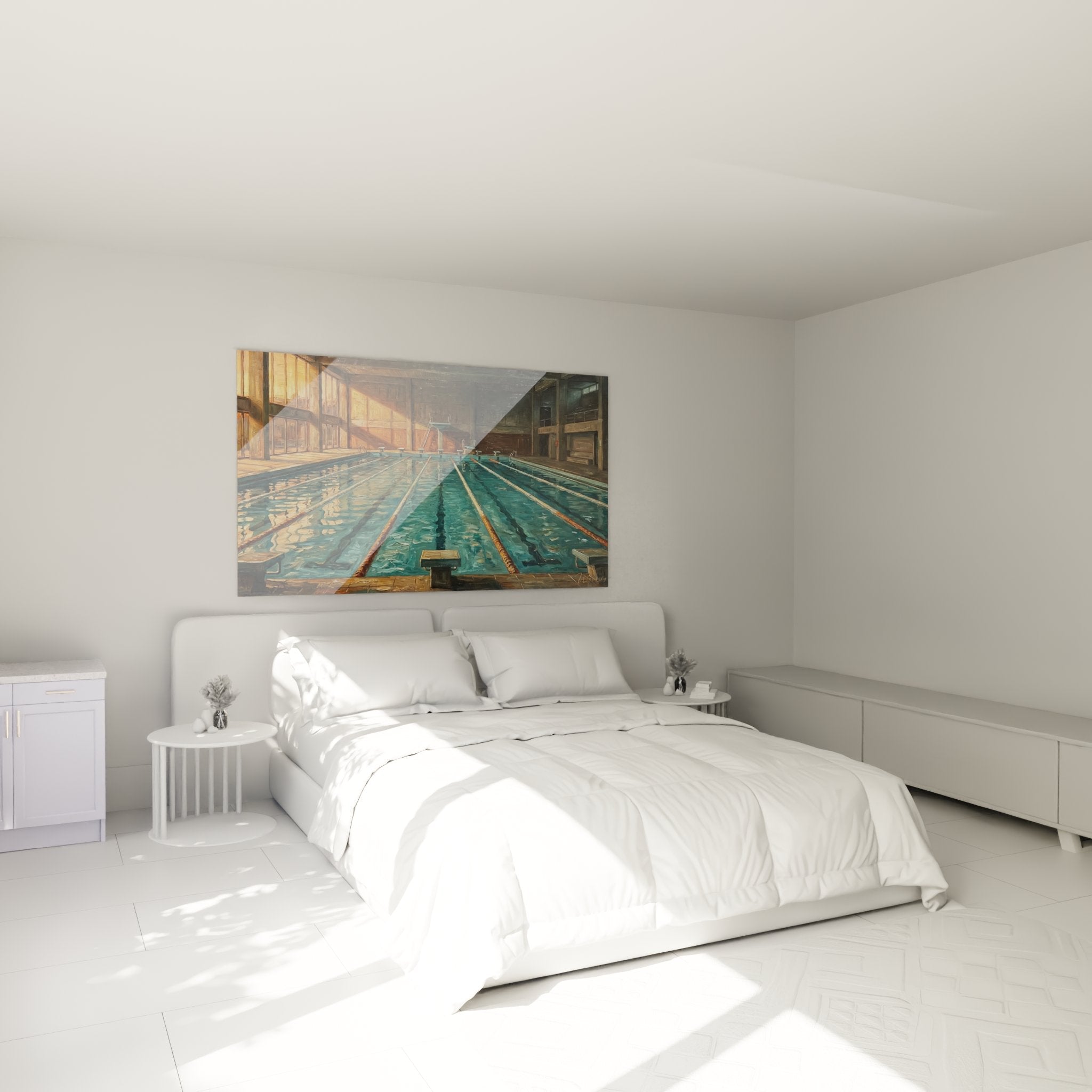 Decoration murale piscine vintage dans chambre moderne avec tableau bassin olympique style retro