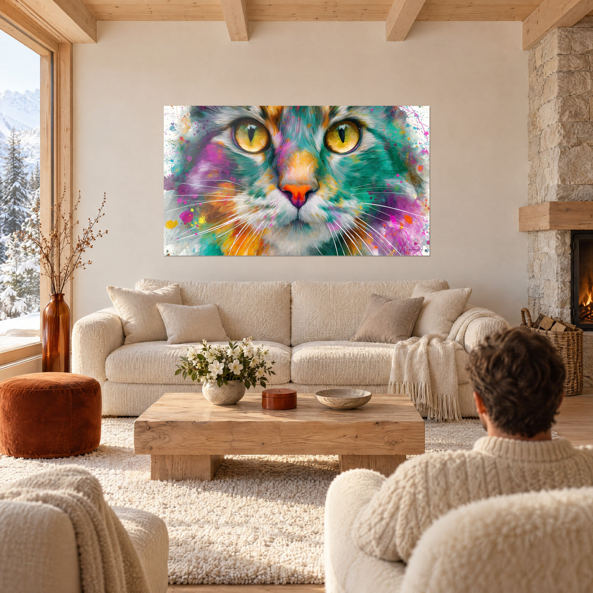 Πίνακας γάτα American Bobtail με κεχριμπαρένια μάτια και τυρκουάζ γούνα με βυσσινί κηλίδες, πάνω από έναν καναπέ σε ένα φωτεινό σαλόνι