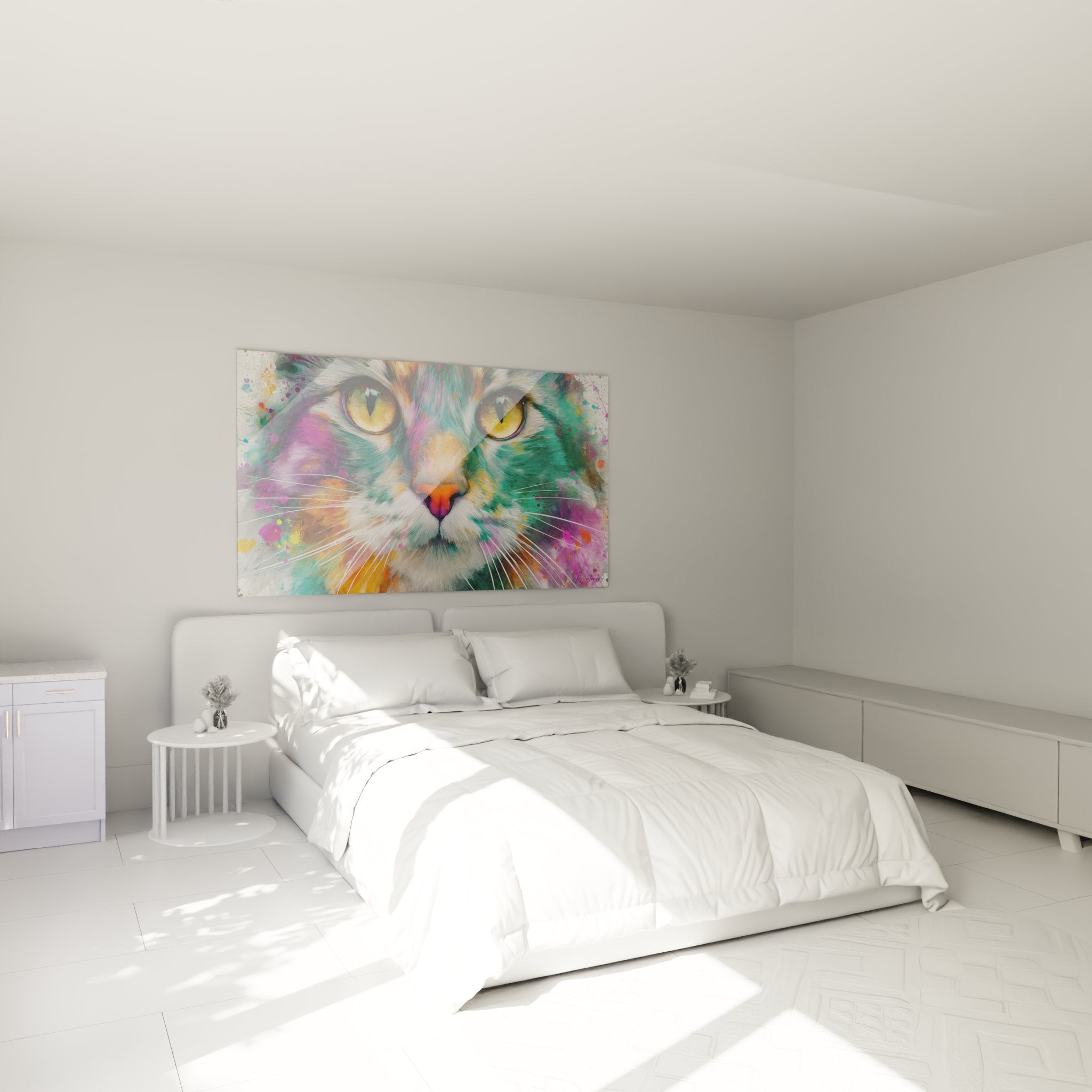 Décoration chambre tableau chat American Bobtail coloré accroché au mur ambiance moderne design contemporain