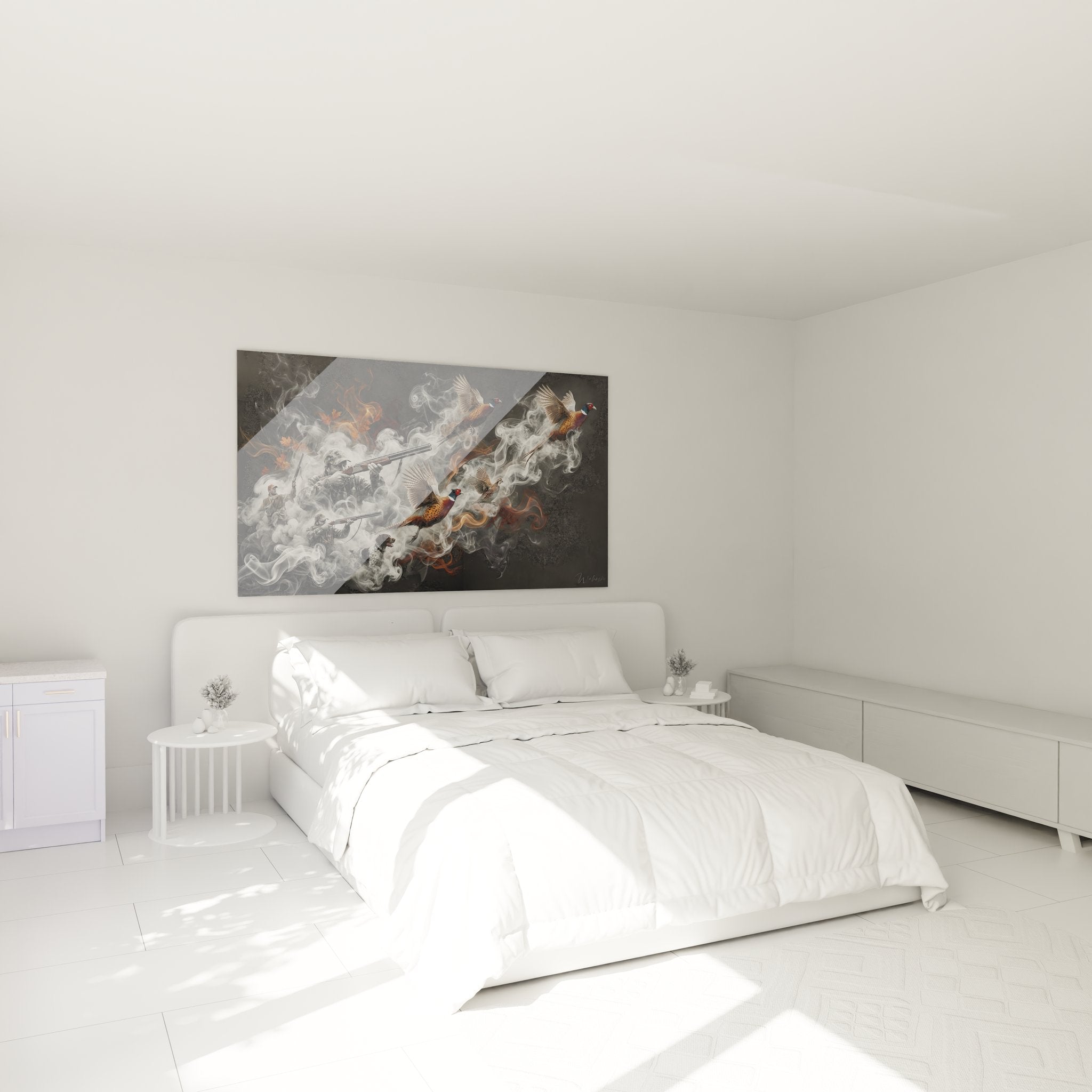 Decoration murale chasse aux faisans dans chambre moderne avec chasseurs et fumee artistique