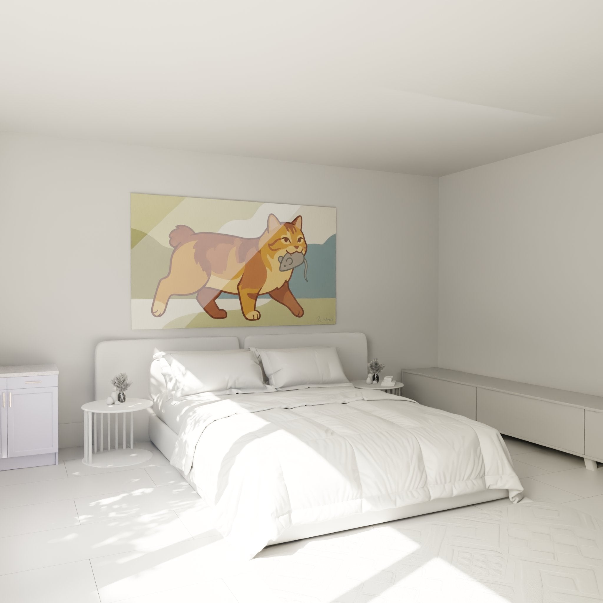 Tableau chat American Bobtail chasseur décorant une chambre moderne avec élégance et caractère félin