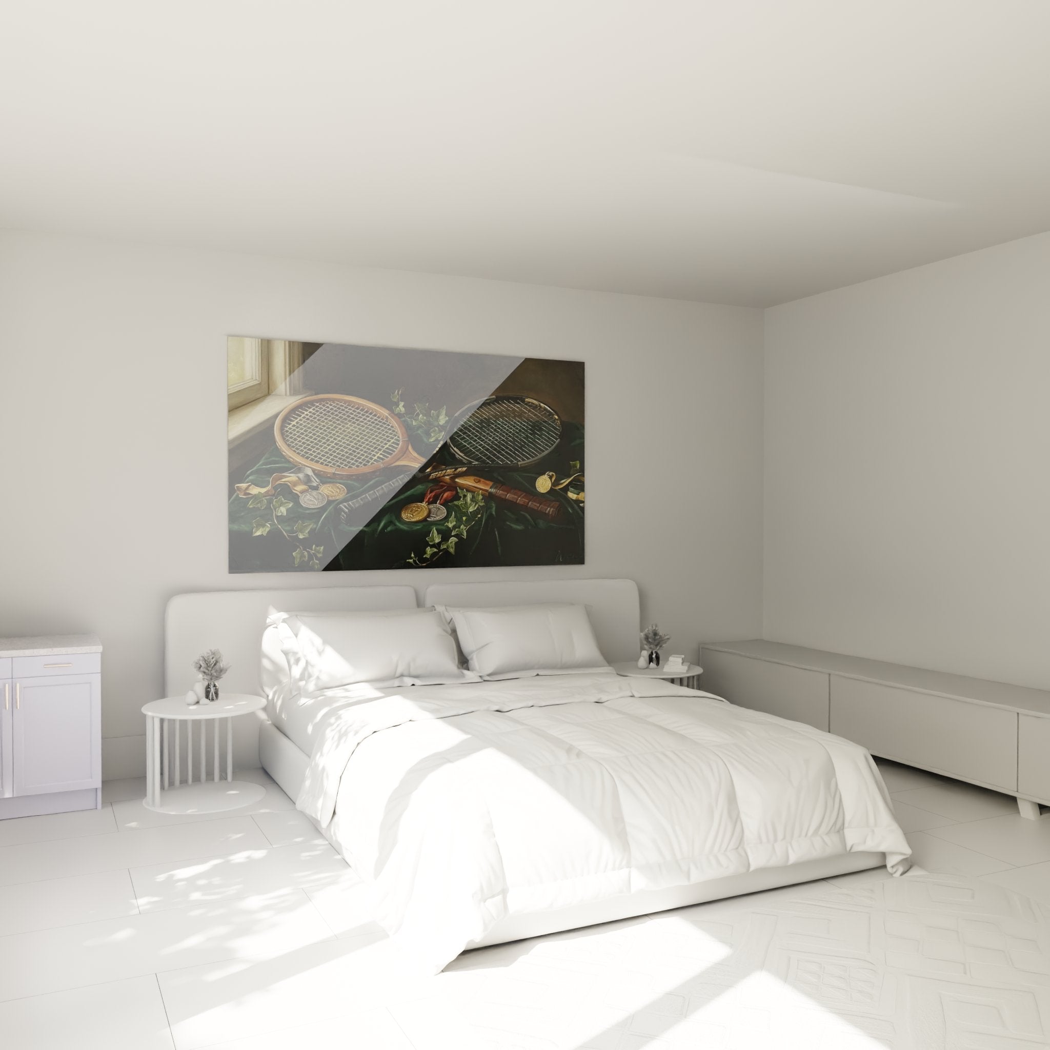 Vintage tennis wall decoration in modern bedroom with sports rackets and trophies