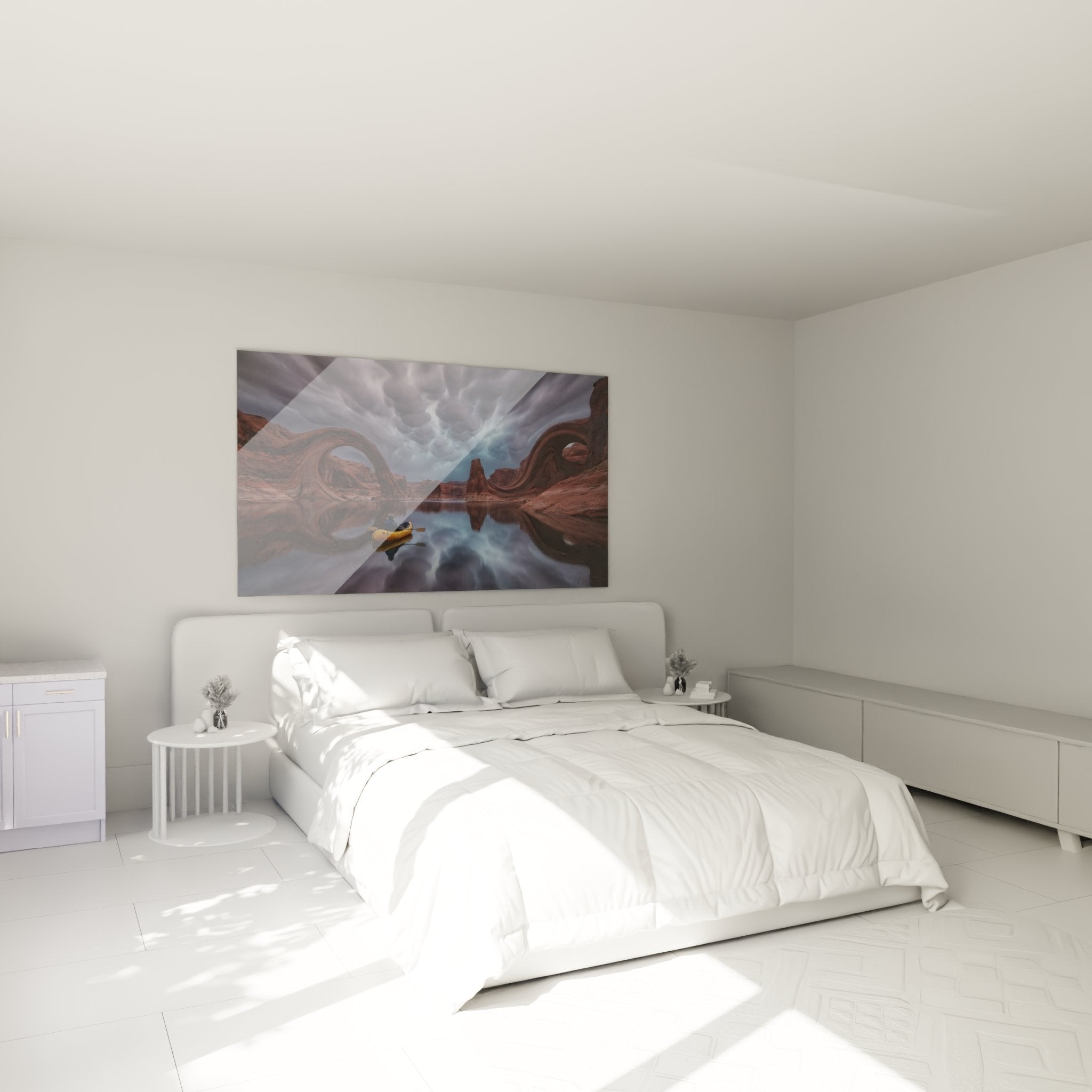 Wall decoration kayak fantastic arches in modern bedroom with reflections on calm water
