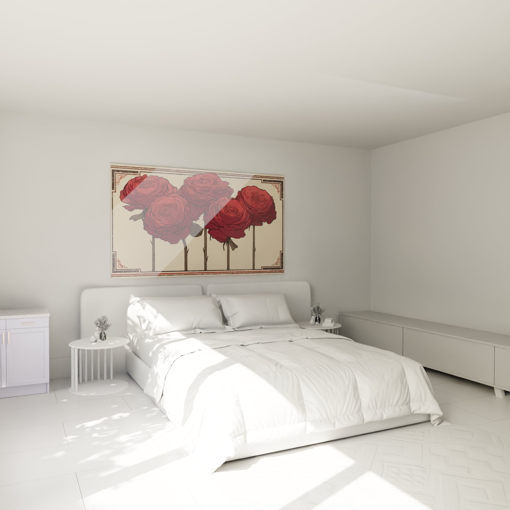 Quadro rose rosse art déco in una camera moderna, che aggiunge un tocco floreale raffinato alla decorazione