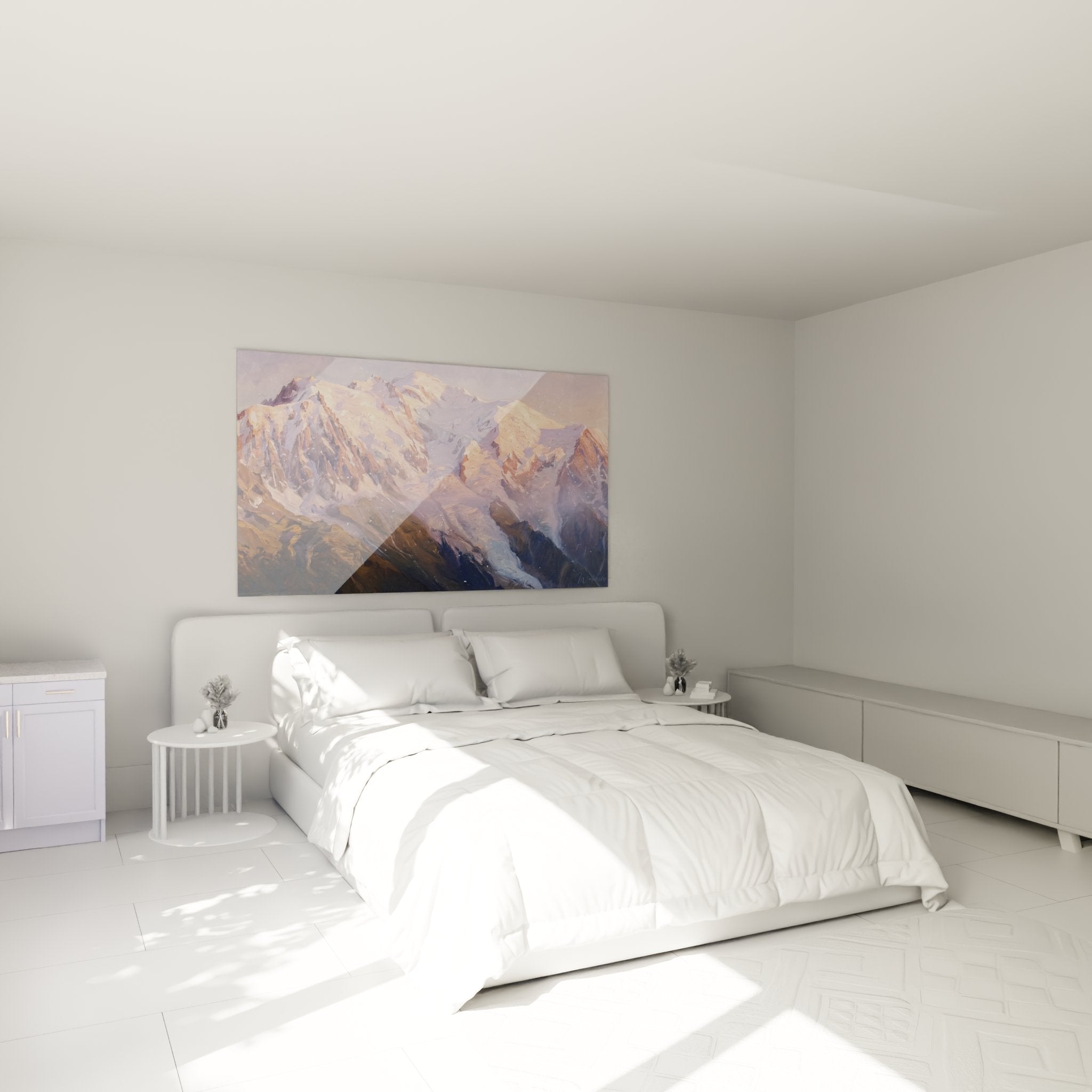 Gemälde Mont-Blanc Alpenglow, das ein modernes Schlafzimmer mit goldenen Lichtern auf Alpengipfeln dekoriert