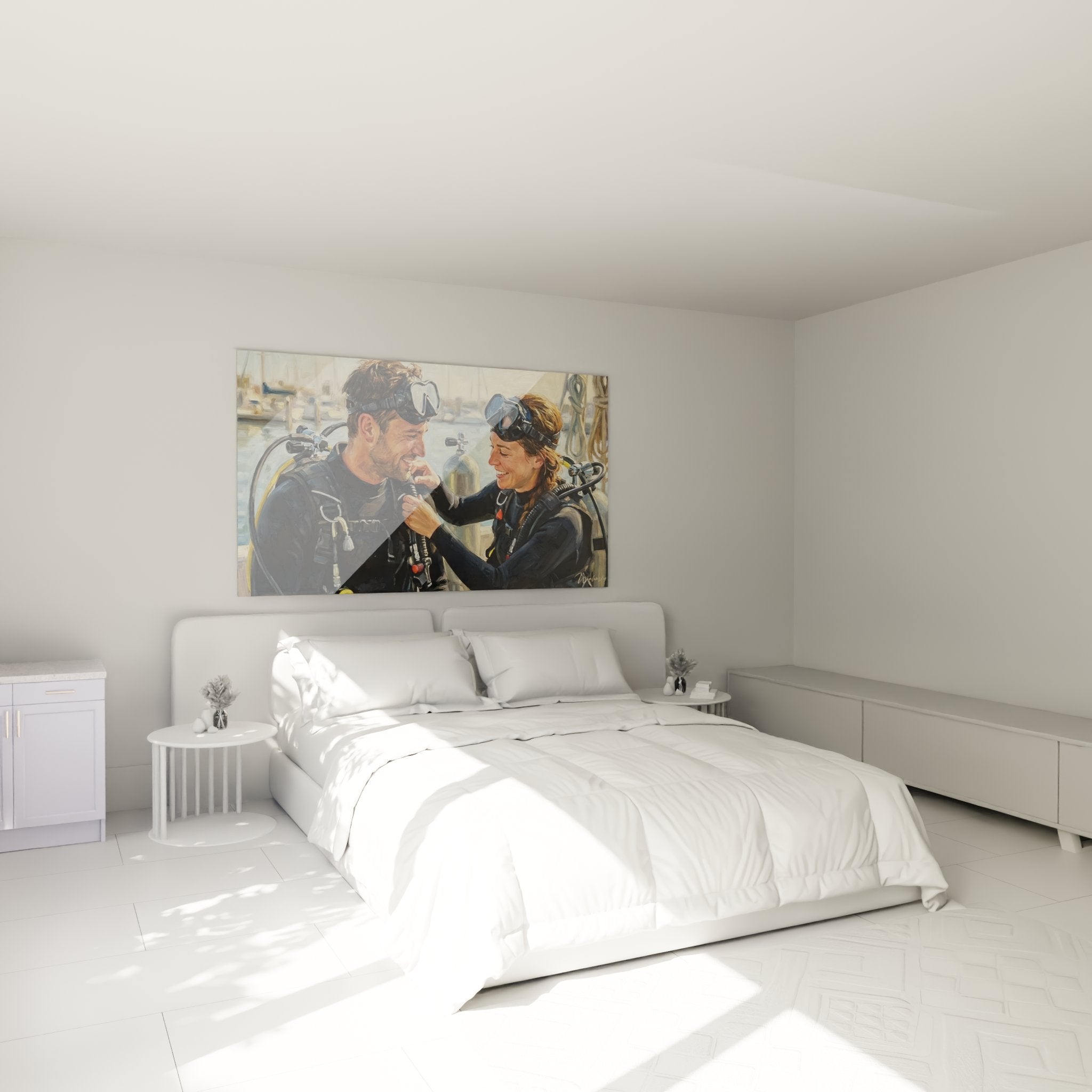 Wanddekoration Schlafzimmer mit Bild Taucherpaar, maritime Atmosphäre und Leidenschaft für Unterwassertauchen