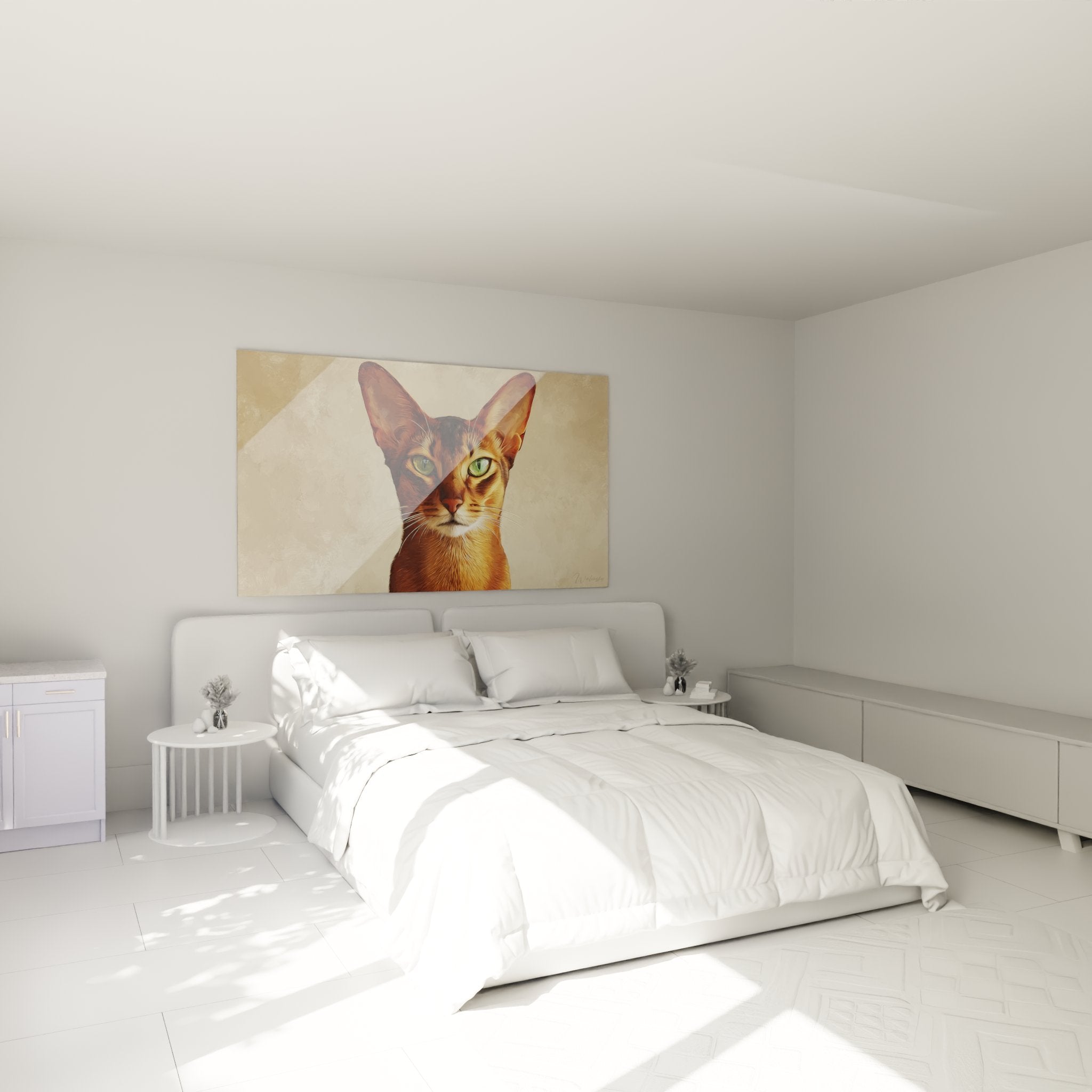 Abyssinian cat wall art decorative in modern bedroom, feline portrait with warm tones on beige wall