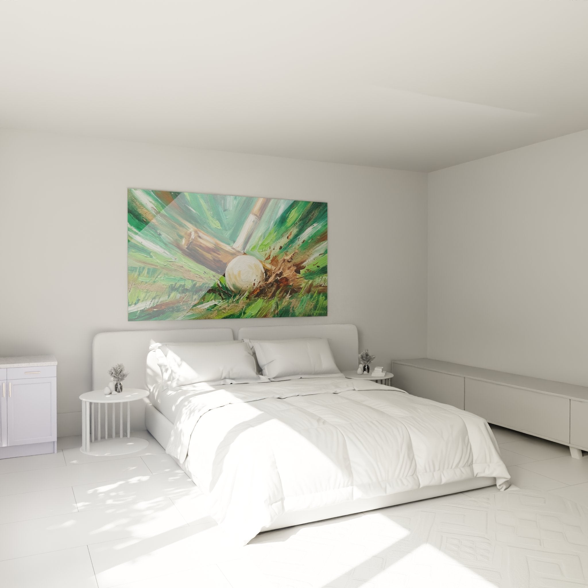 Bedroom decor with abstract green and white polo painting on modern contemporary style wall