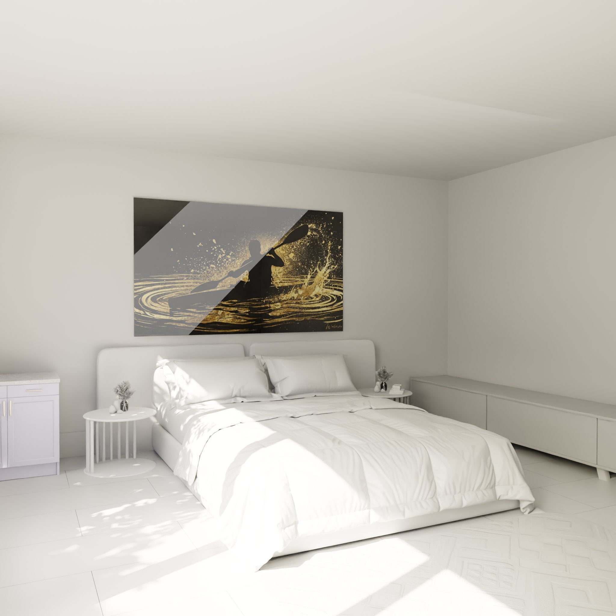 Golden kayak painting in modern bedroom, elegant wall decoration black and gold kayaker silhouette atmosphere