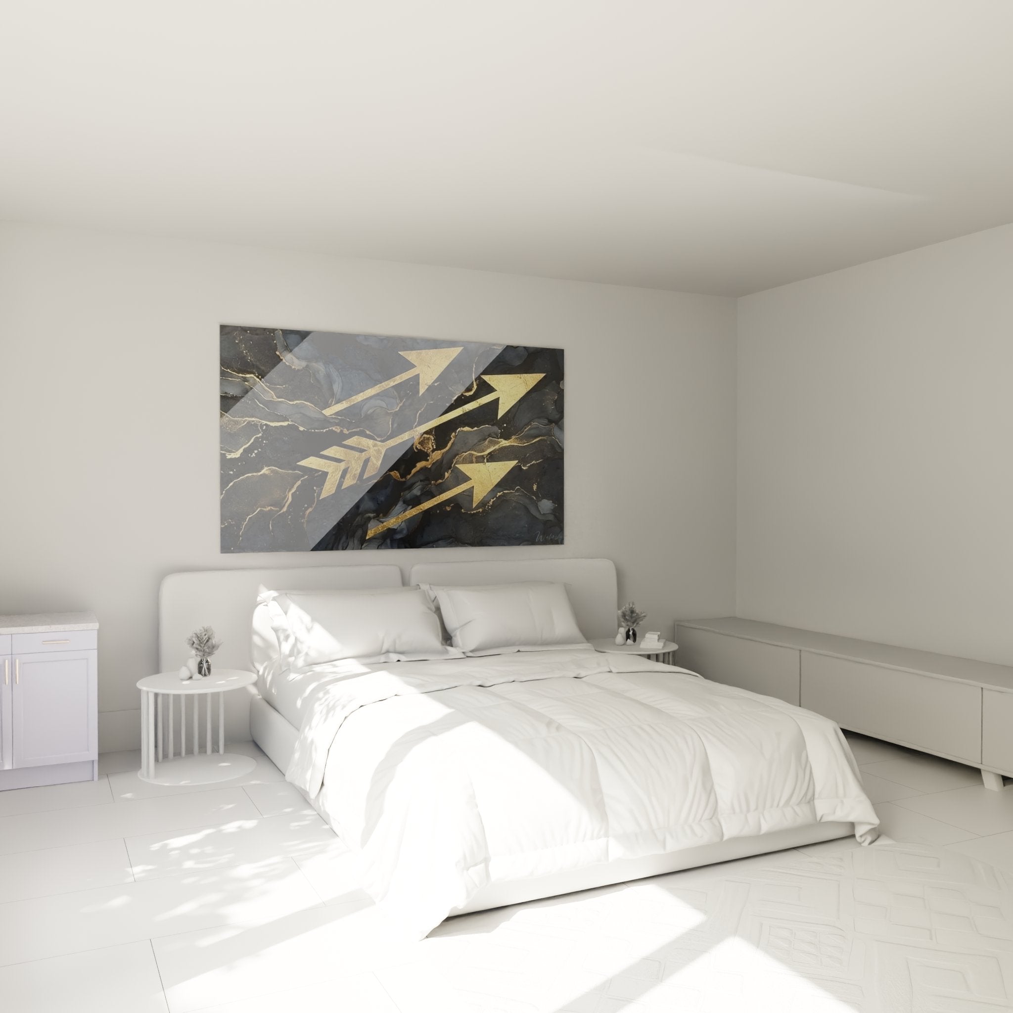 Tableau flèches dorées dans chambre moderne, art mural tir à l'arc élégant