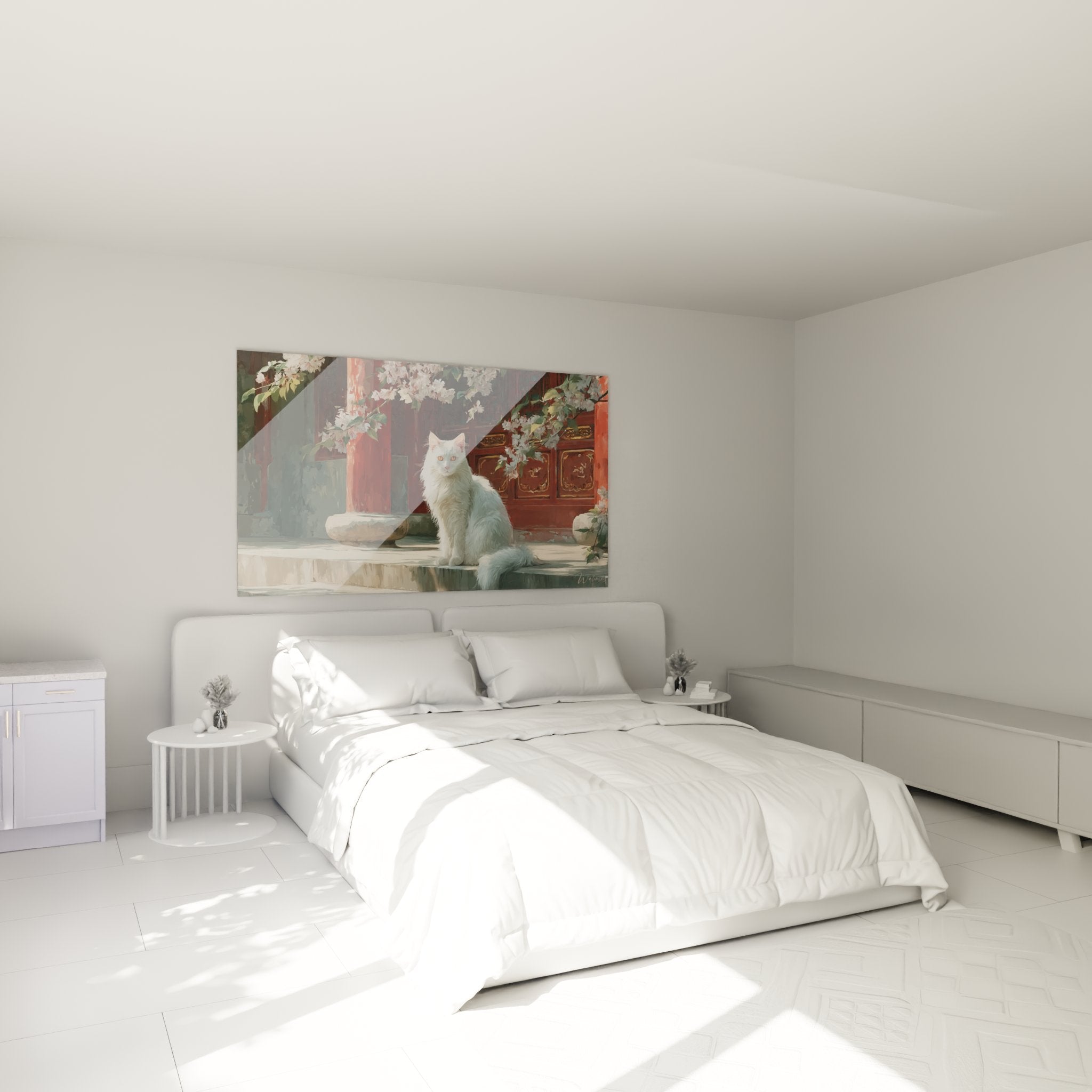 Turkish Angora cat painting oriental temple decorating a modern bedroom with Asian style