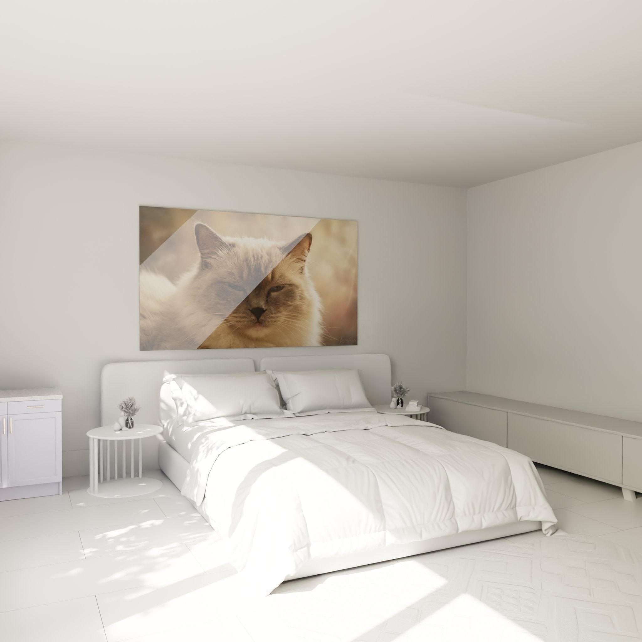 Arredamento camera da letto con quadro gatto Ragdoll contemplativo, atmosfera calda e rilassante
