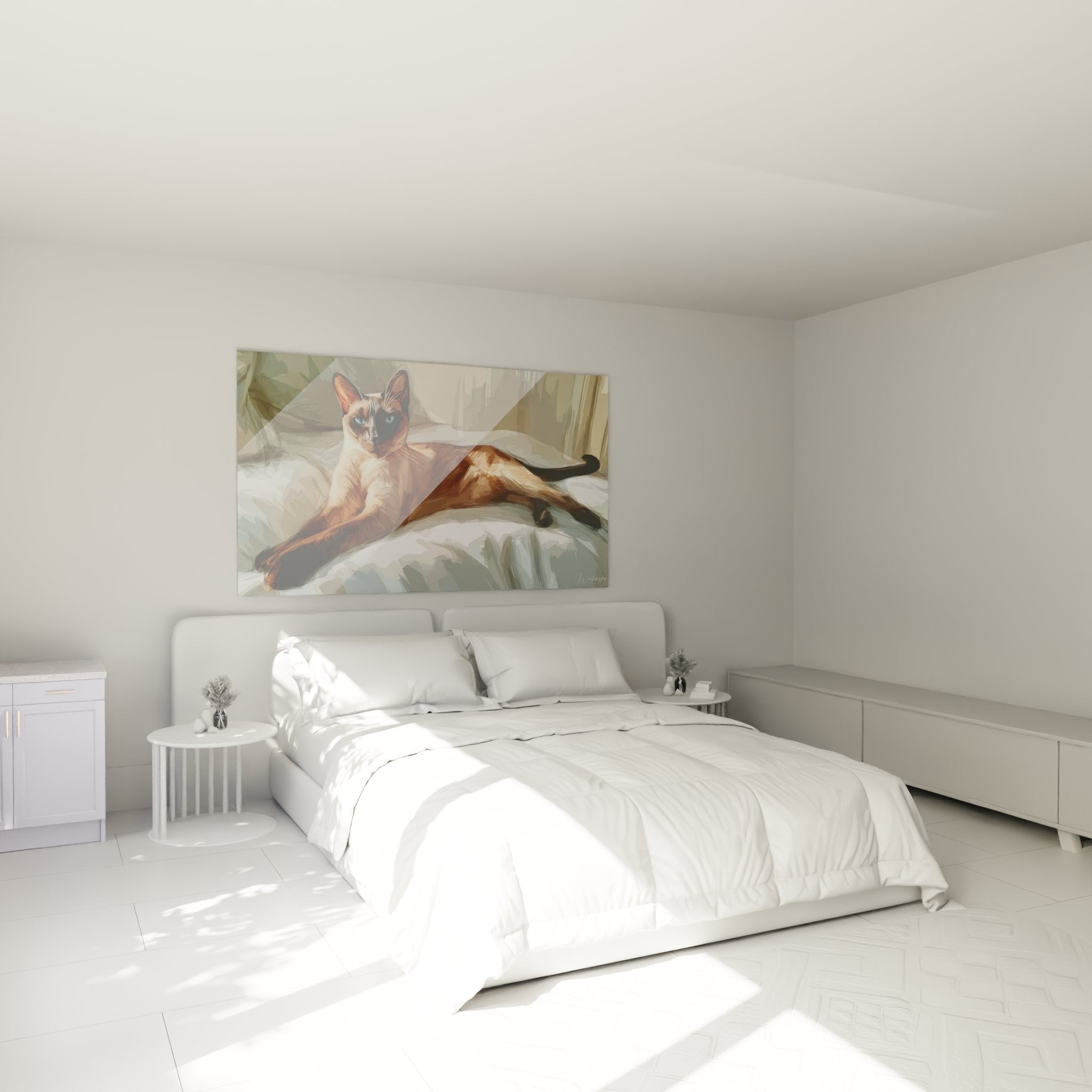 Gatto Tonkinese decorativo in camera moderna, quadro murale con tonalità calde che crea un'atmosfera rilassante