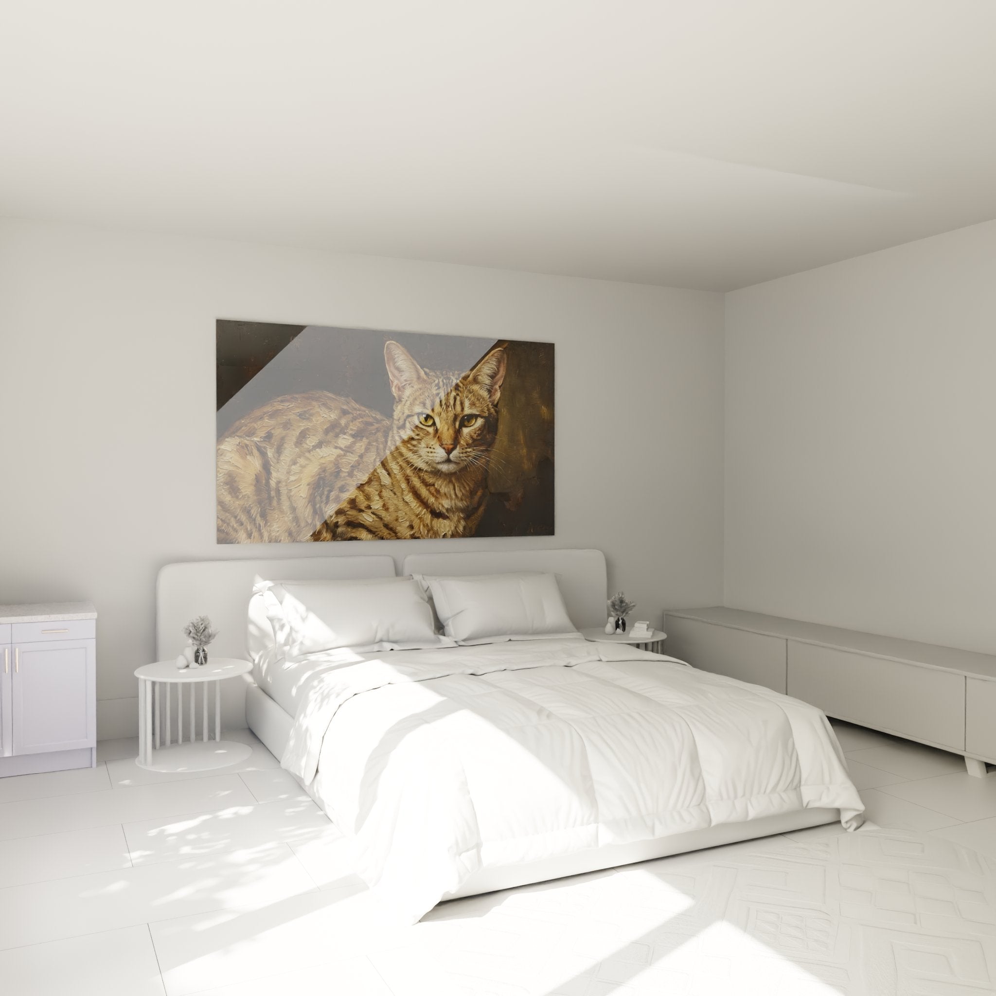 Ocicat cat wall art in a modern bedroom, elegant feline portrait wall decoration