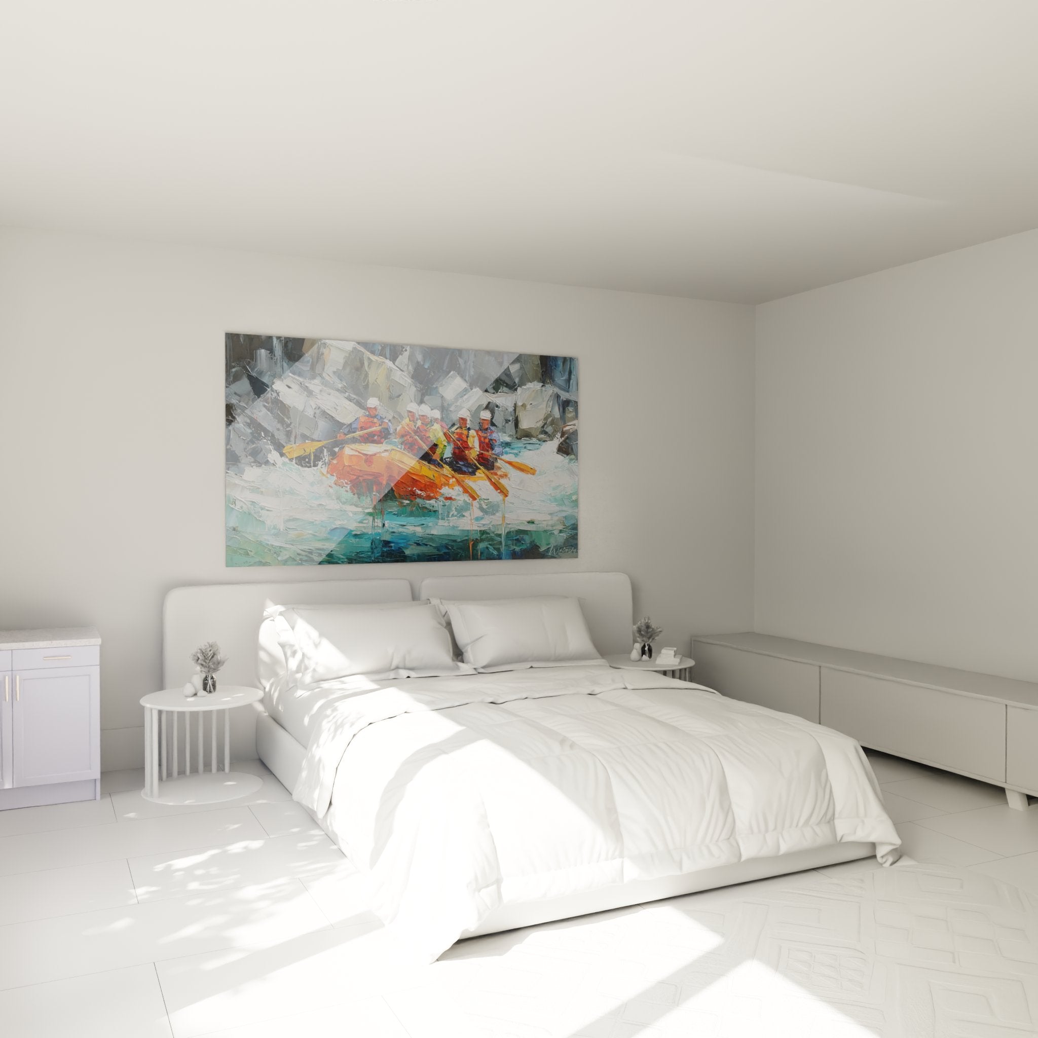 Whitewater rafting wall art in modern bedroom creating a sporty and adventurous atmosphere with vibrant colors