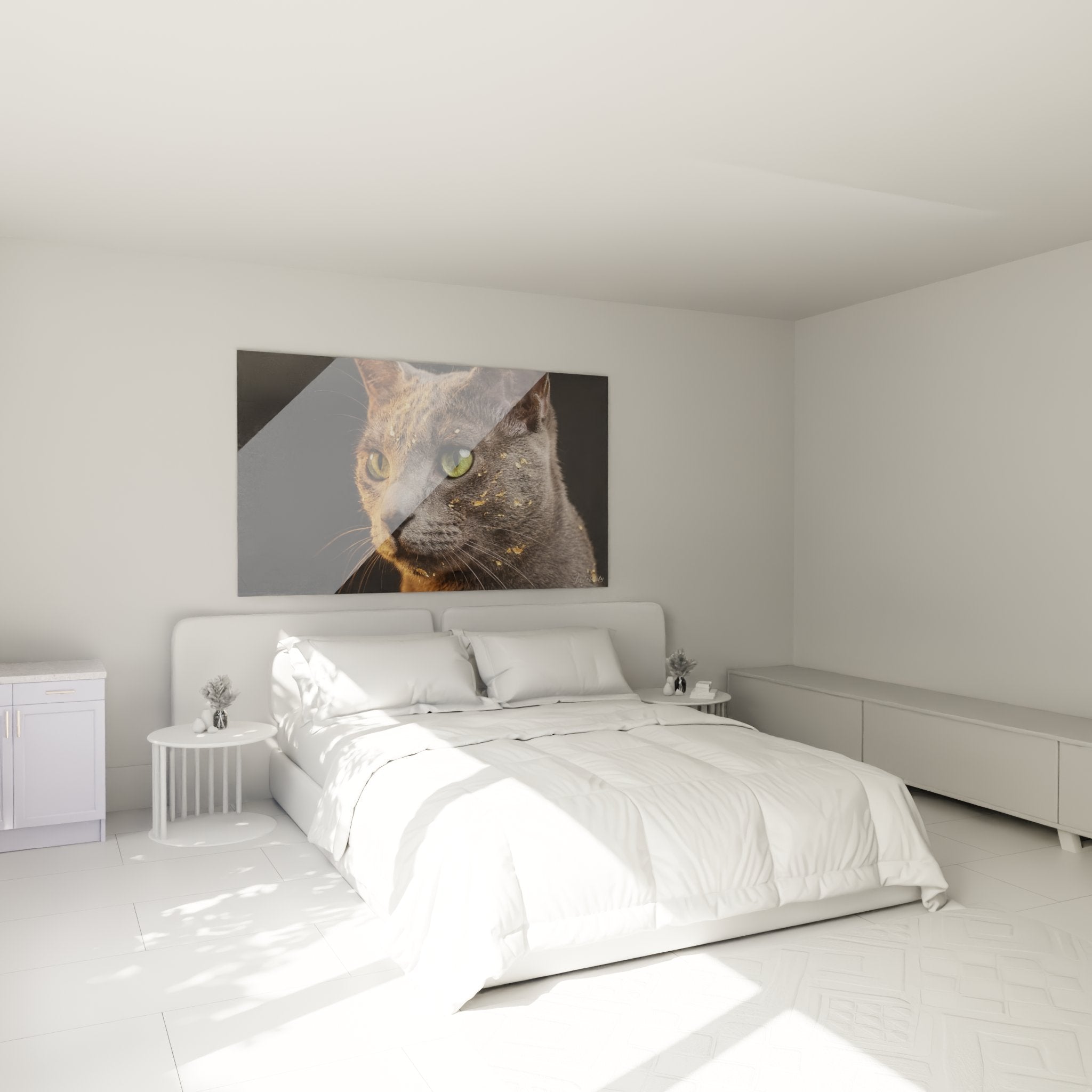 Tableau chat Korat yeux verts dans chambre moderne, décoration murale féline élégante au-dessus du lit
