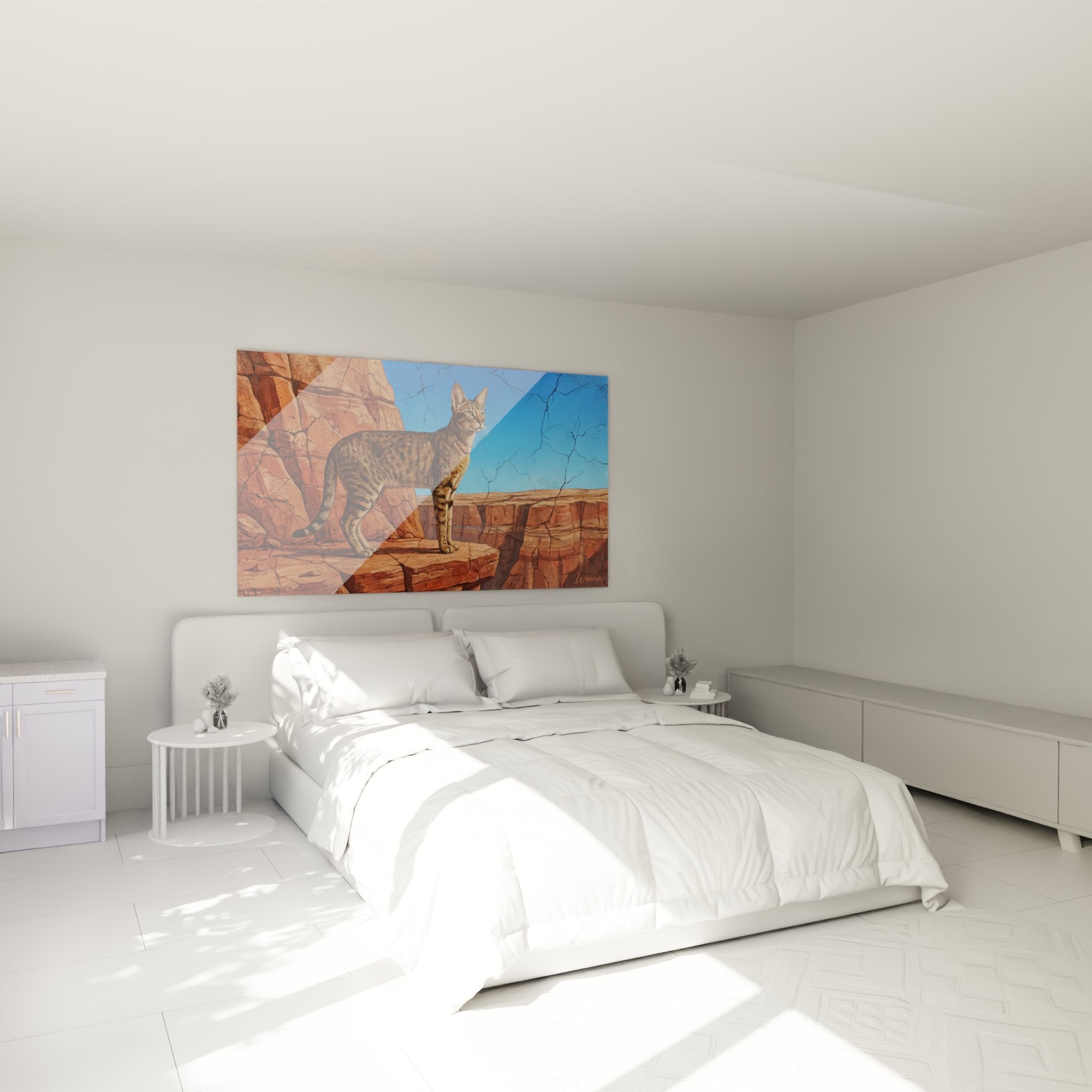 Decoration chambre avec tableau chat Chausie canyon, ambiance chaleureuse tons ocre et brun