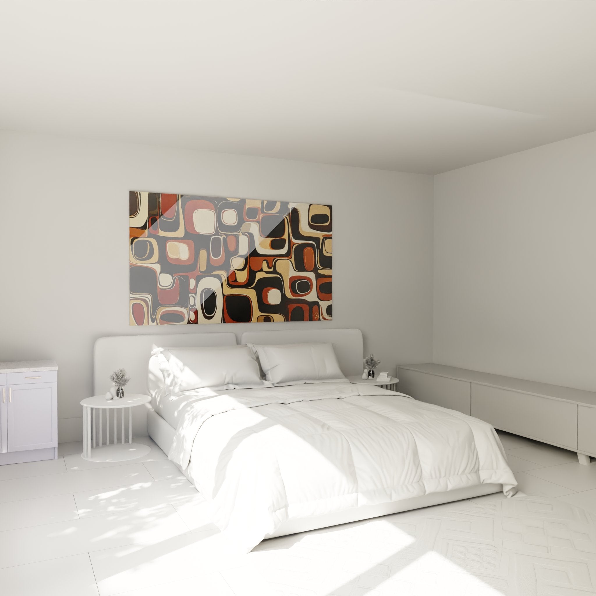 Decorazione camera da letto con quadro africano astratto geometrico nei toni caldi terra e arancione