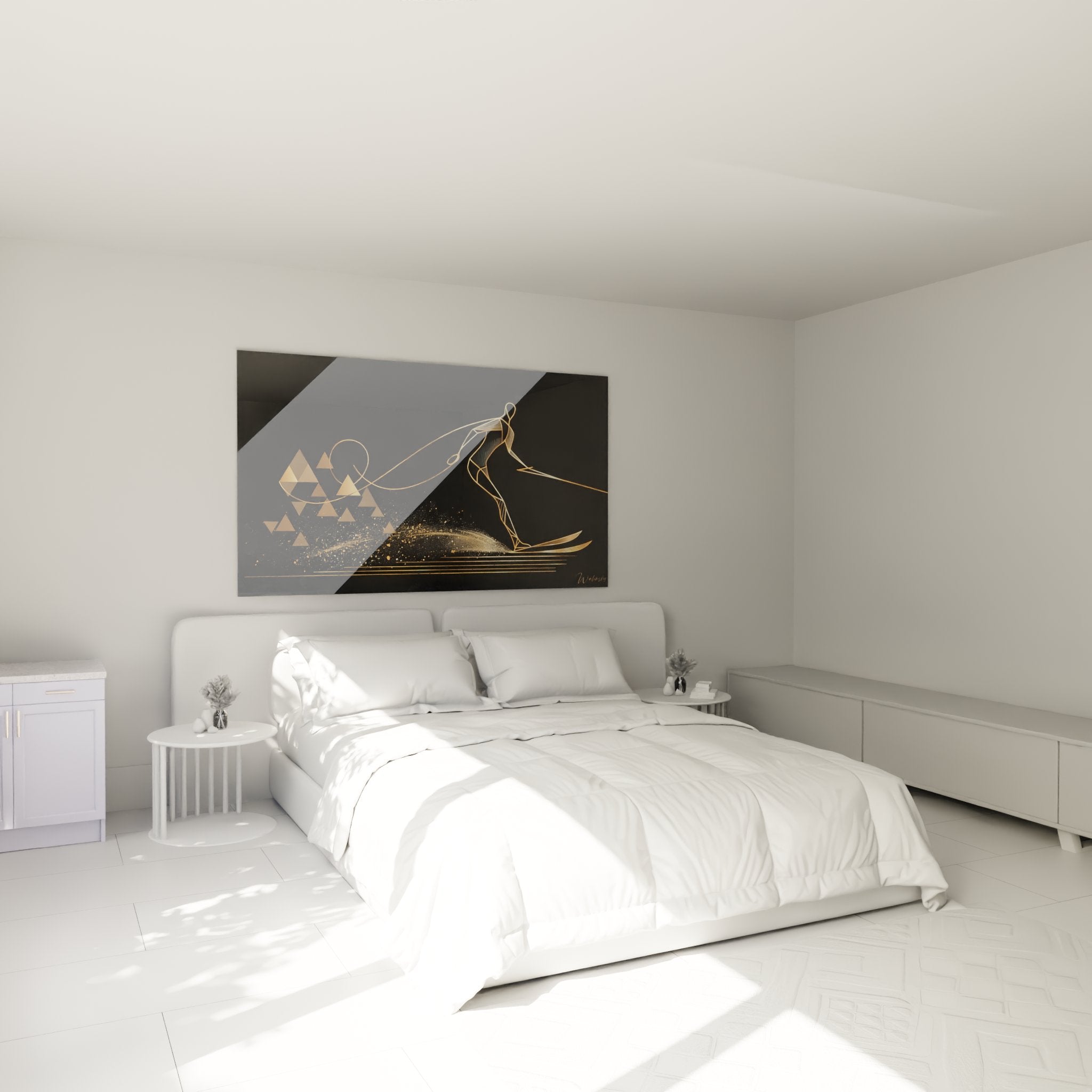 Decorazione camera da letto con quadro sci nautico dorato che crea un'atmosfera moderna e sofisticata