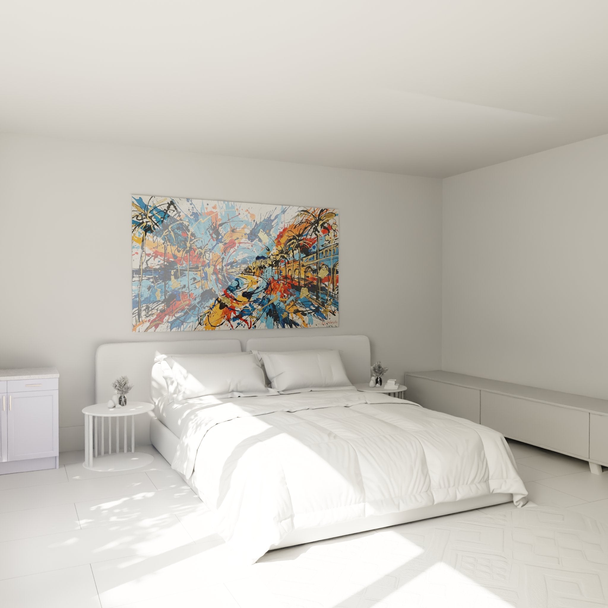 Déco chambre moderne avec tableau abstrait méditerranéen aux tons bleus et oranges sur mur blanc