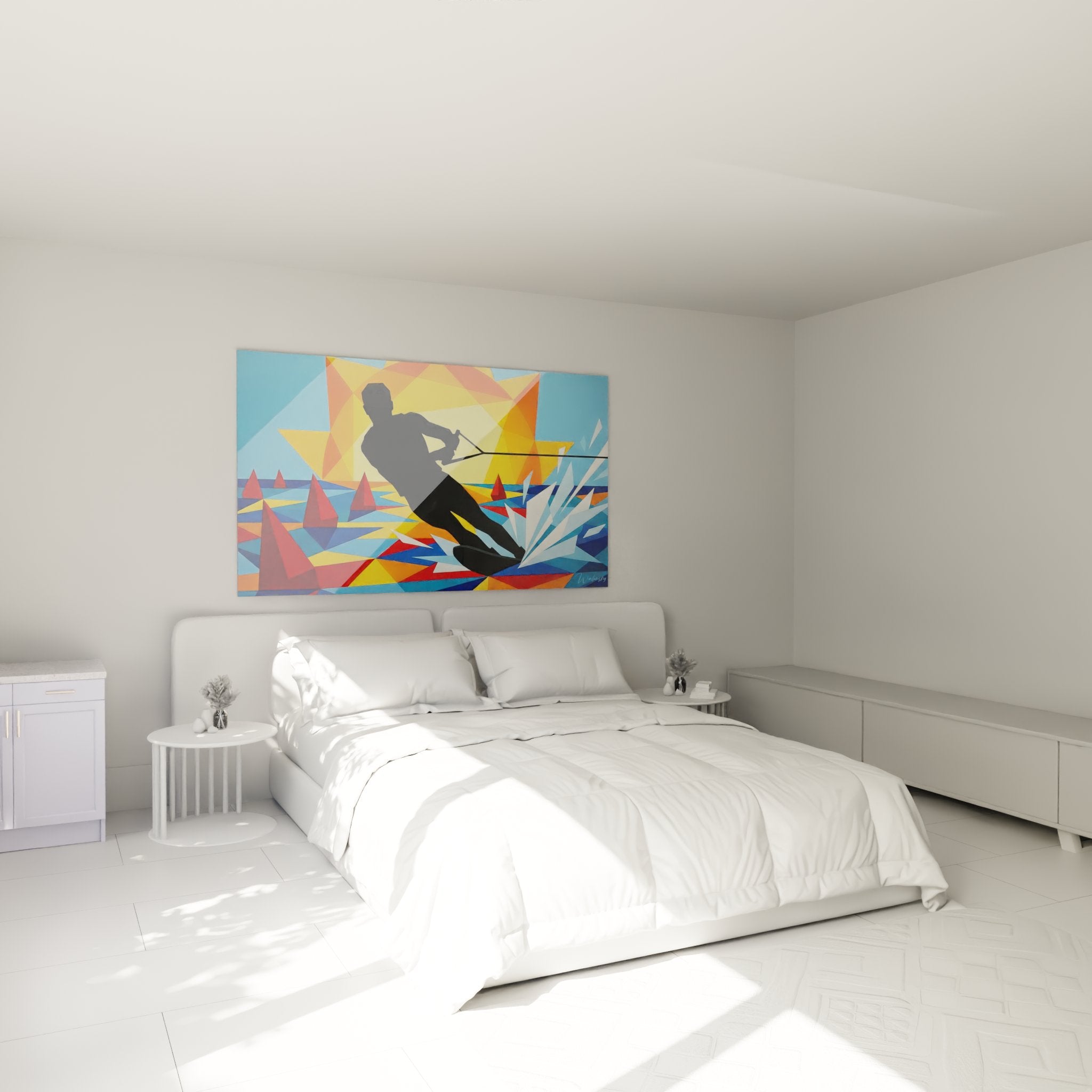 Décoration murale ski nautique style géométrique dans chambre moderne avec couleurs vives