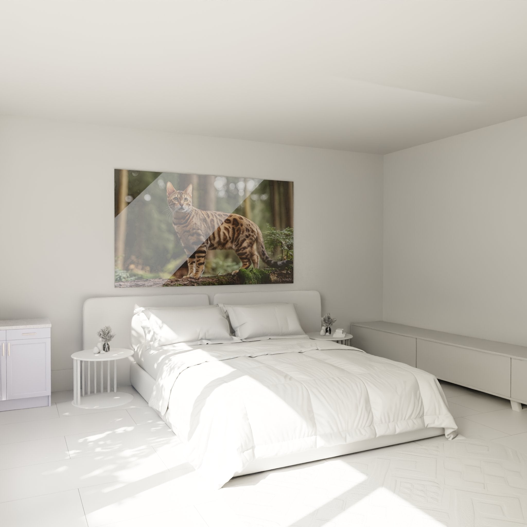Décoration murale Bengal dans chambre, tableau chat sauvage ambiance cosy, art félin moderne