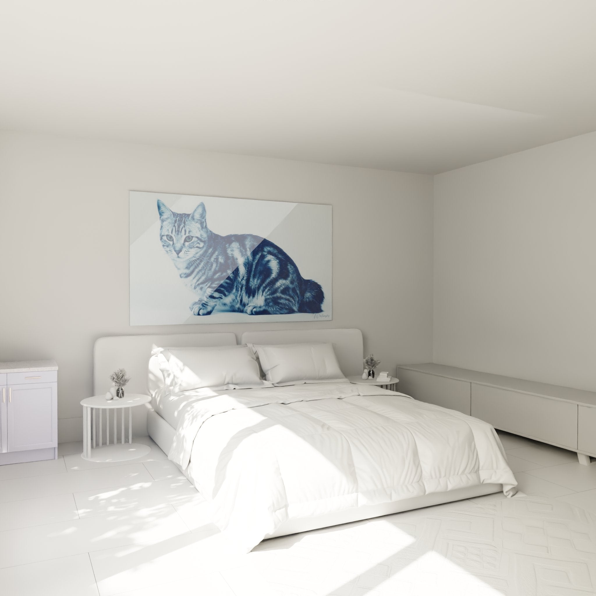 Tableau chat American Bobtail bleu décorant élégamment une chambre moderne