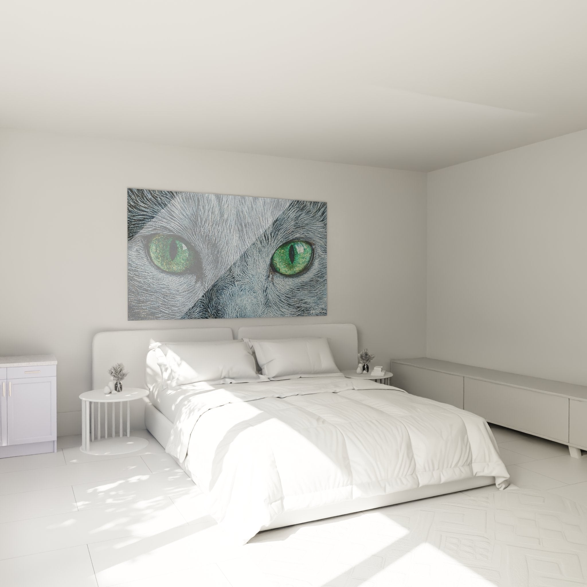 Tableau yeux de chat Russian Blue dans chambre moderne, decoration murale feline avec regard emeraude intense