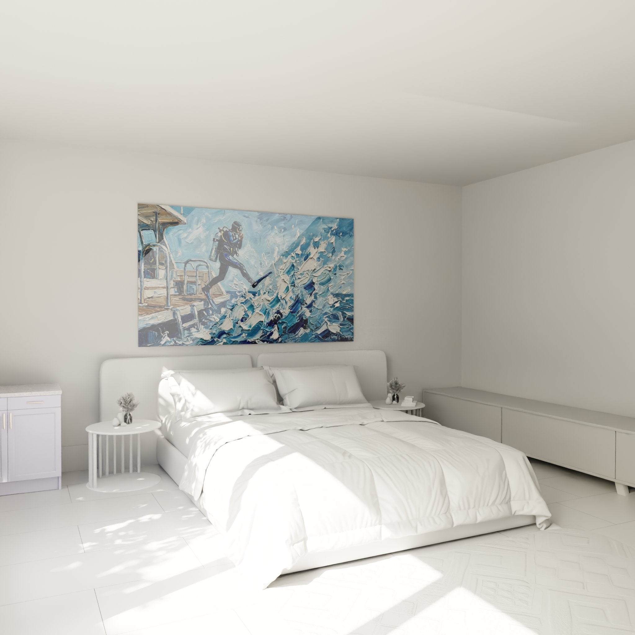 Wanddekoration Taucher springt ins Meer im modernen Schlafzimmer maritimer Stil Leidenschaft Unterwassertauchen