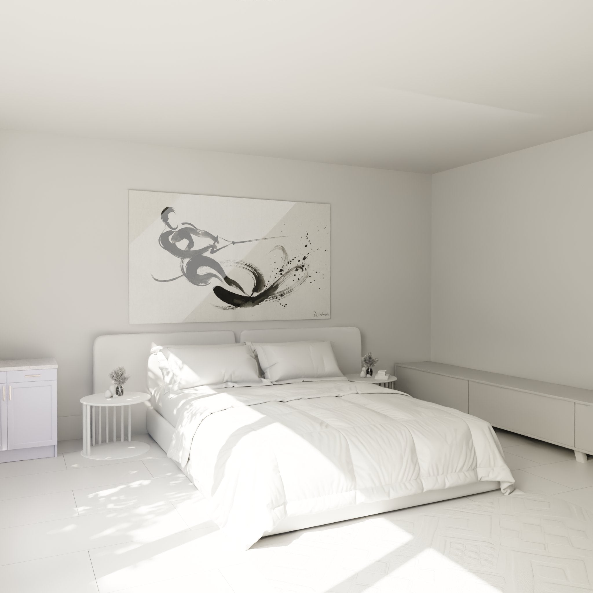 Decoration murale ski nautique dans chambre moderne avec art abstrait noir et blanc sport aquatique