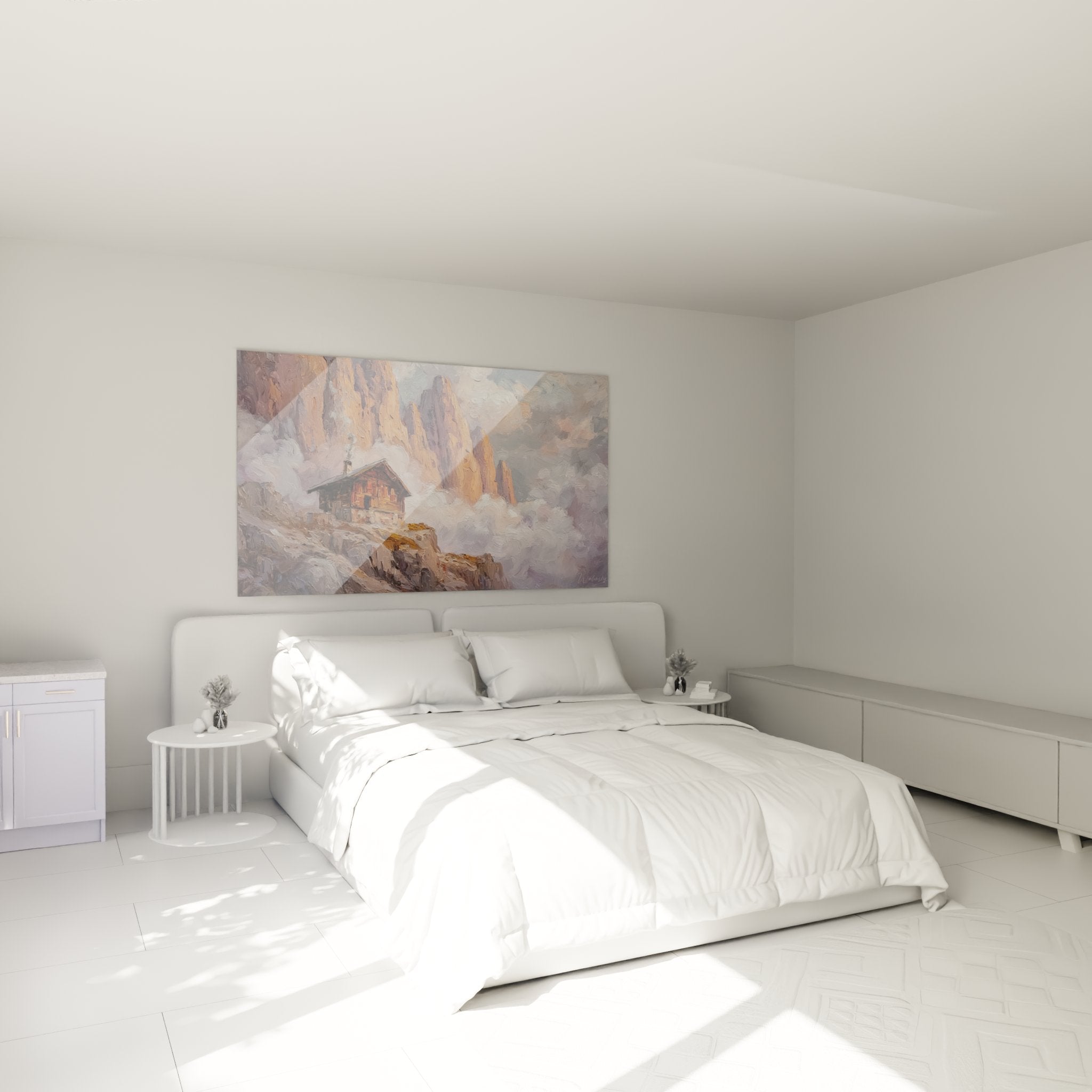 Mountain chalet wall art bedroom with Dolomites landscape impressionist style warm ambiance