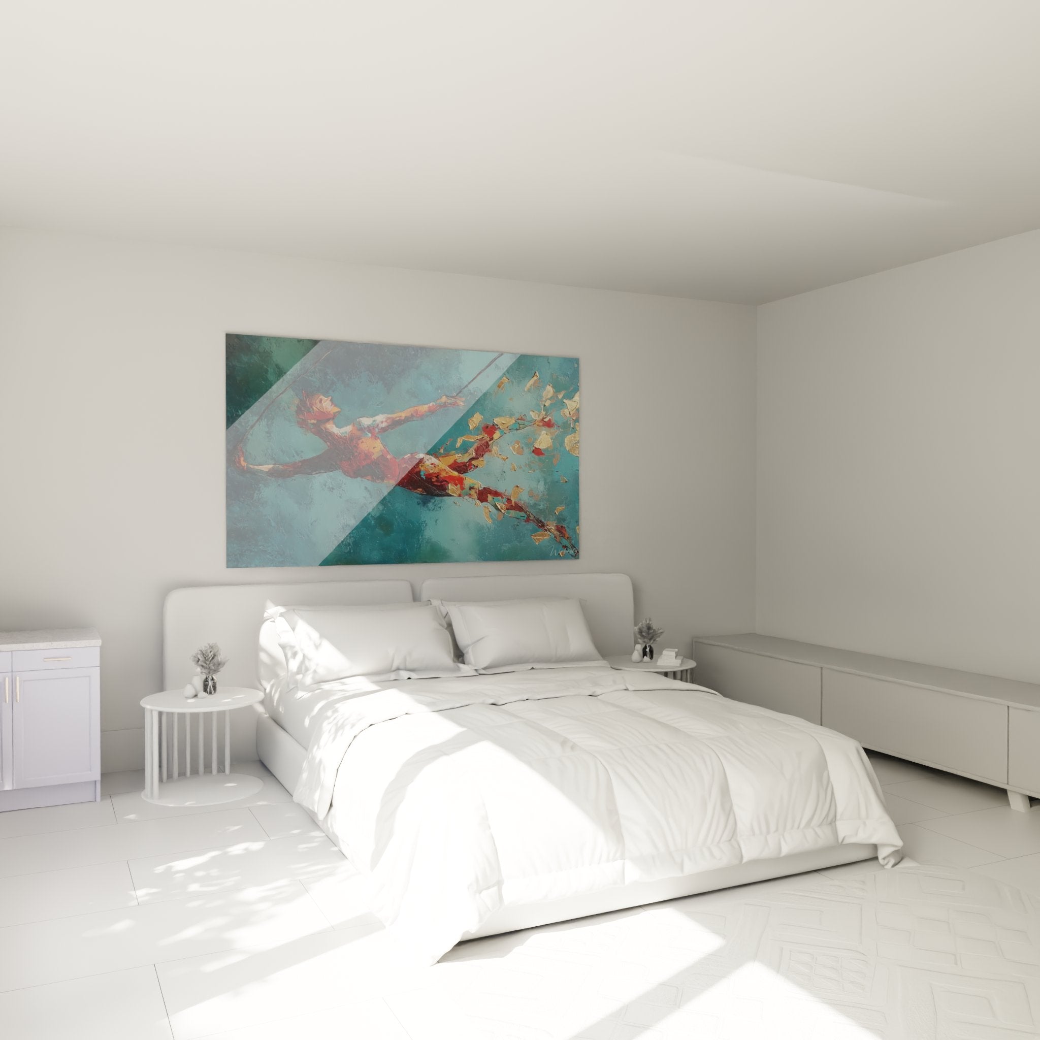 Decorazione camera da letto con quadro trapezista volante in tonalità turchese e oro - atmosfera artistica moderna