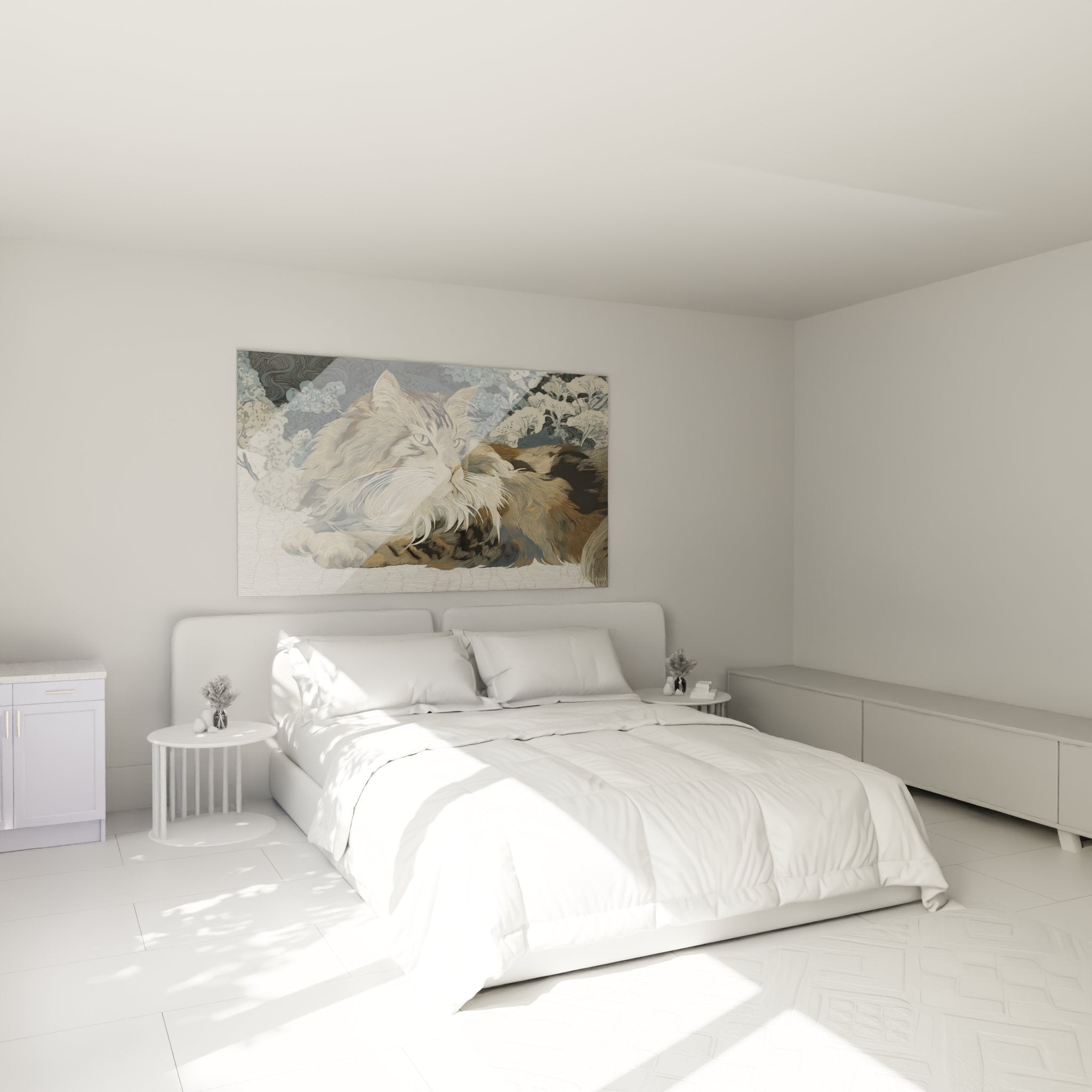 Tableau chat sibérien installé dans une chambre moderne, apportant une touche de sérénité à la décoration