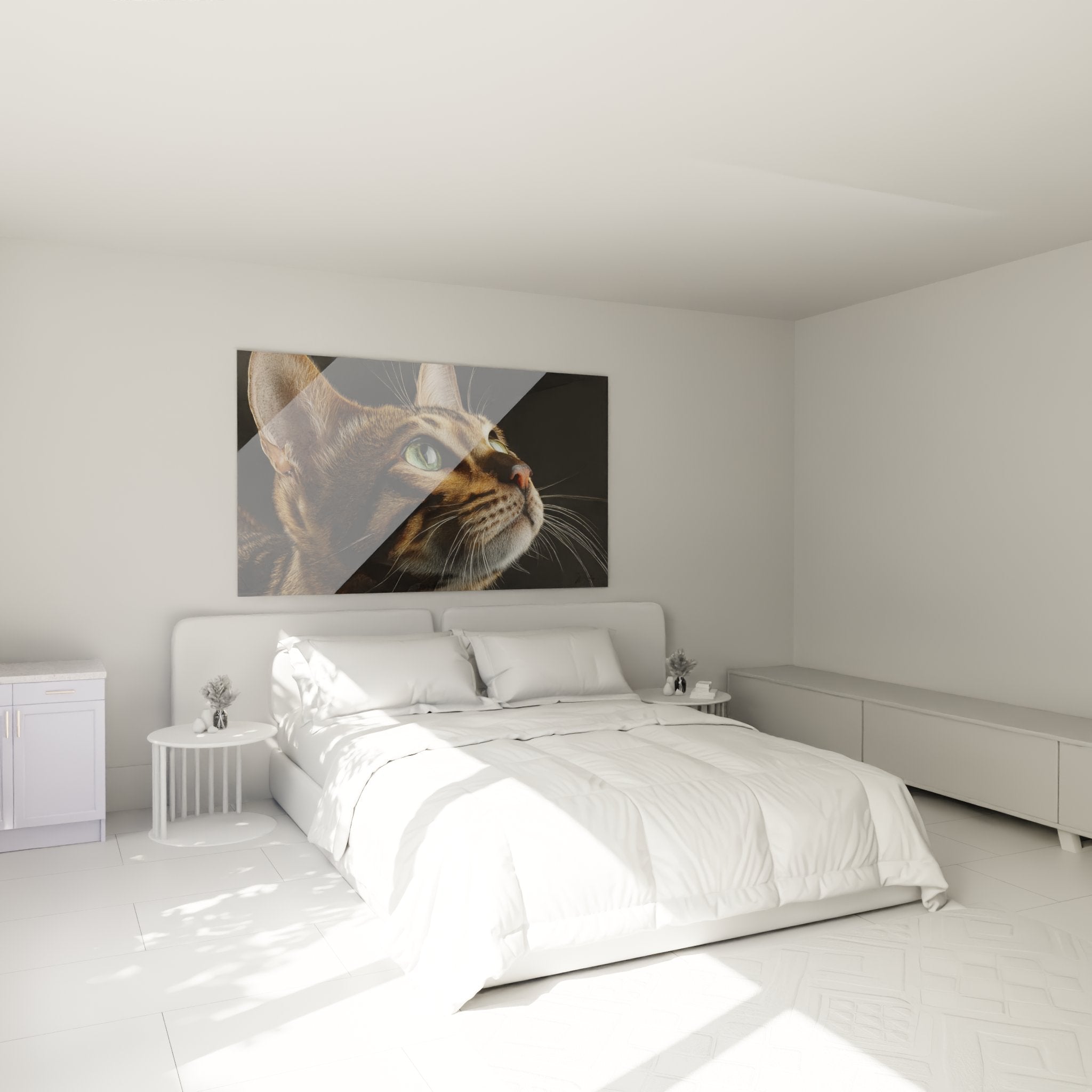 Décoration chambre tableau chat Bengal contemplatif art mural félin portrait tigré ambiance cosy élégante