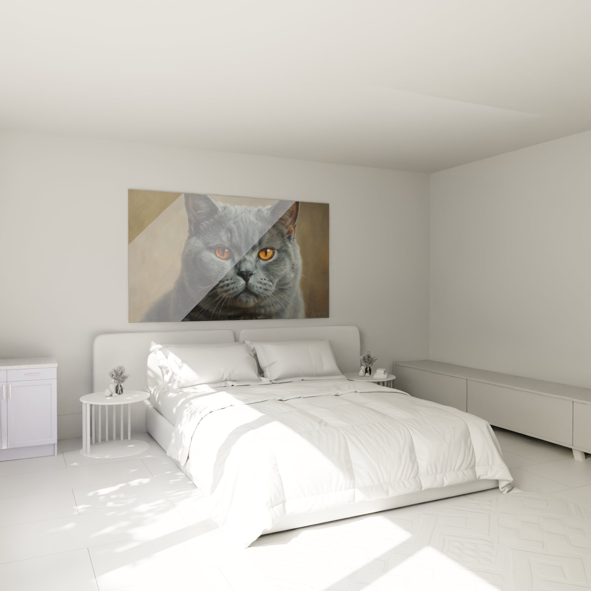 Quadro gatto British Shorthair grigio che decora camera moderna, occhi rame, atmosfera accogliente ed elegante