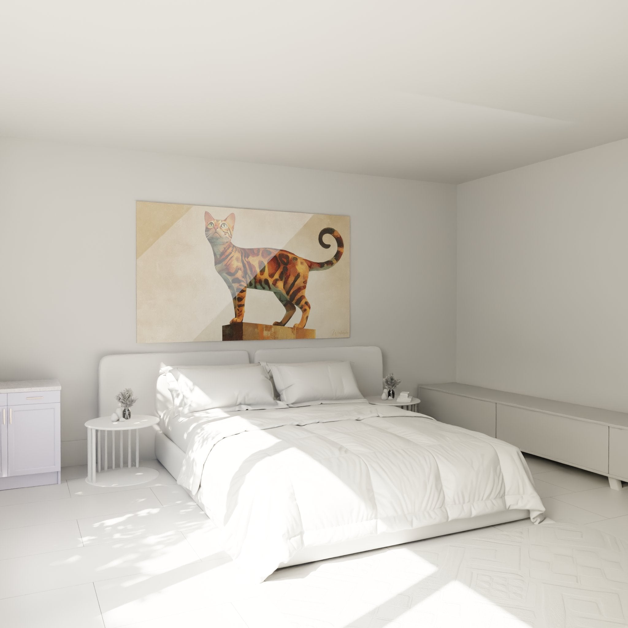 Tableau chat Bengal artistique dans une chambre moderne, décoration murale féline aux tons chauds