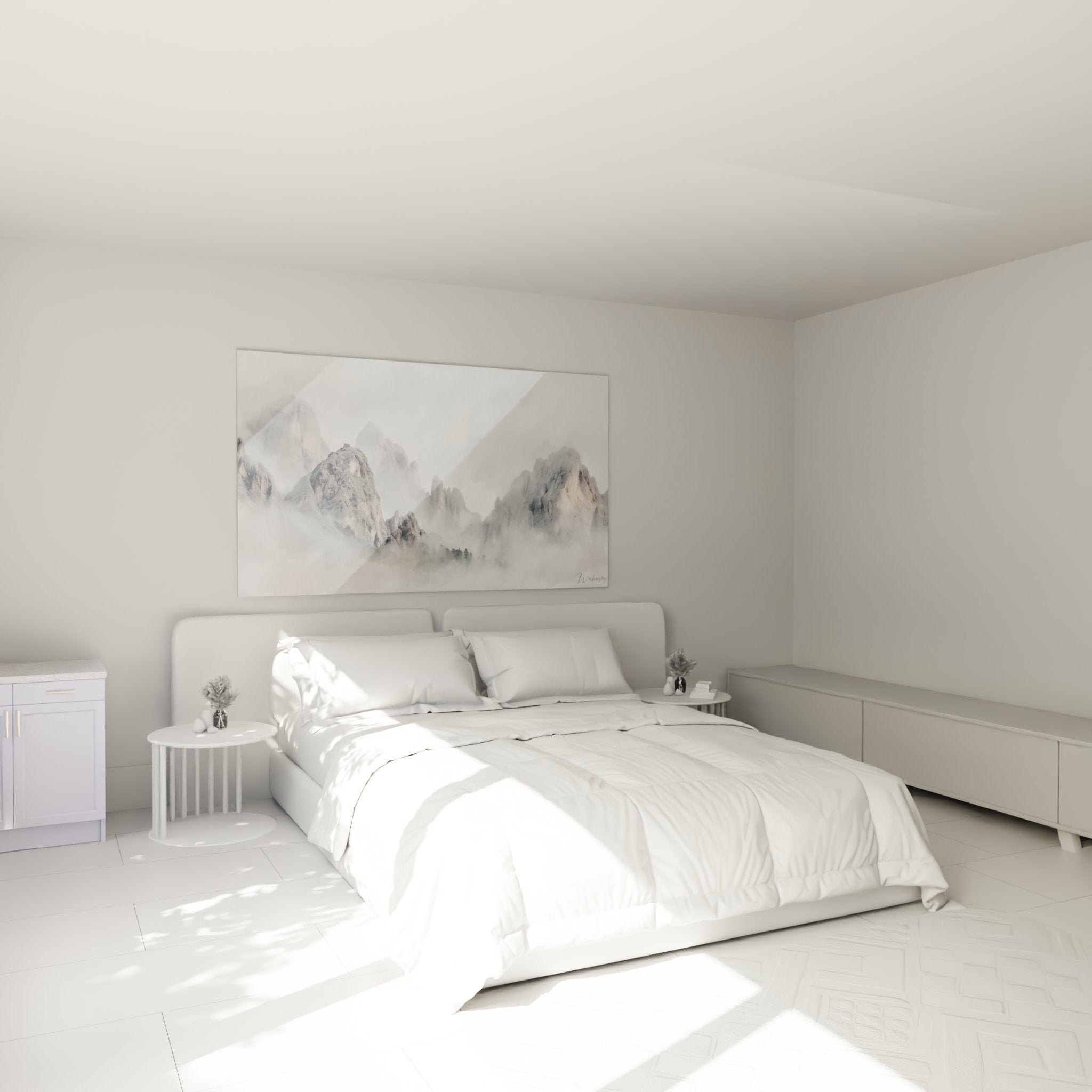 Bedroom decoration with misty mountains artwork, zen and soothing atmosphere for modern rest space