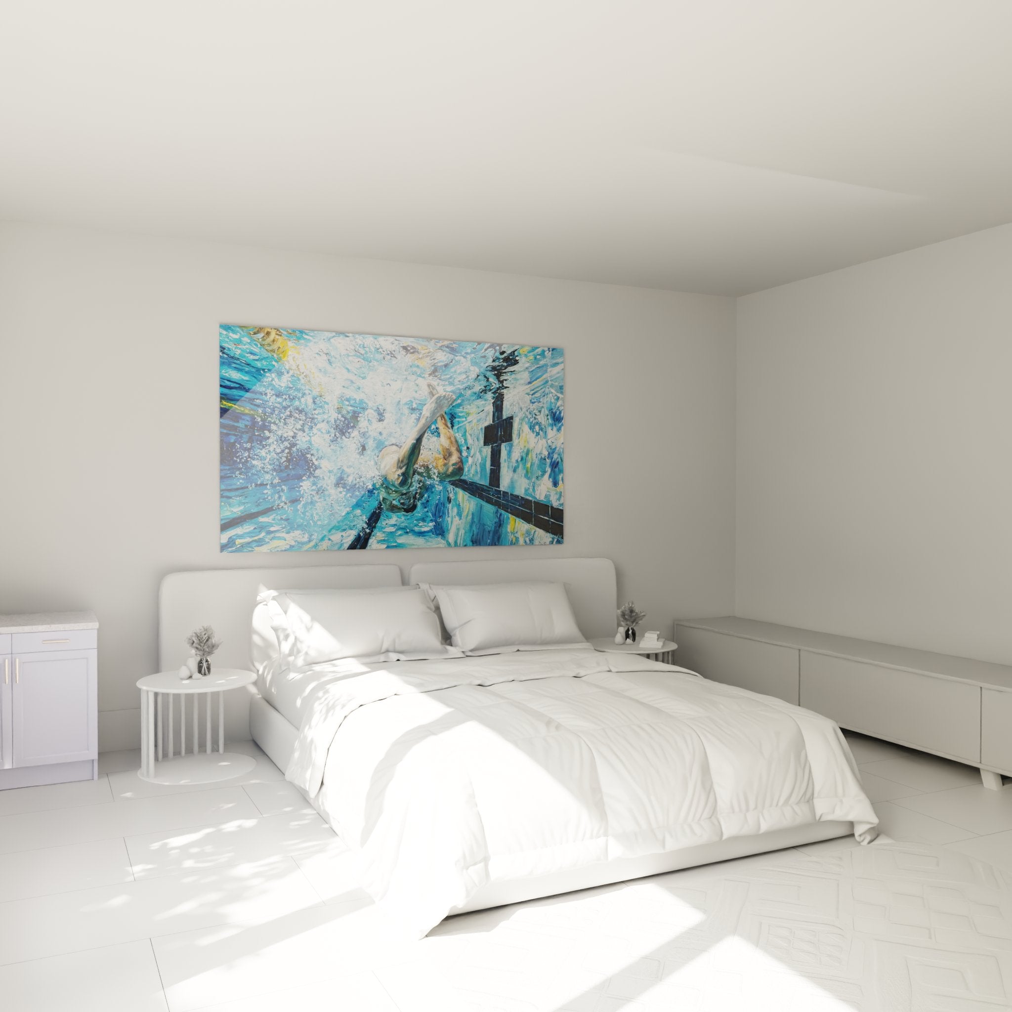 Tableau natation plongée synchronisée décorant élégamment une chambre moderne avec murs blancs