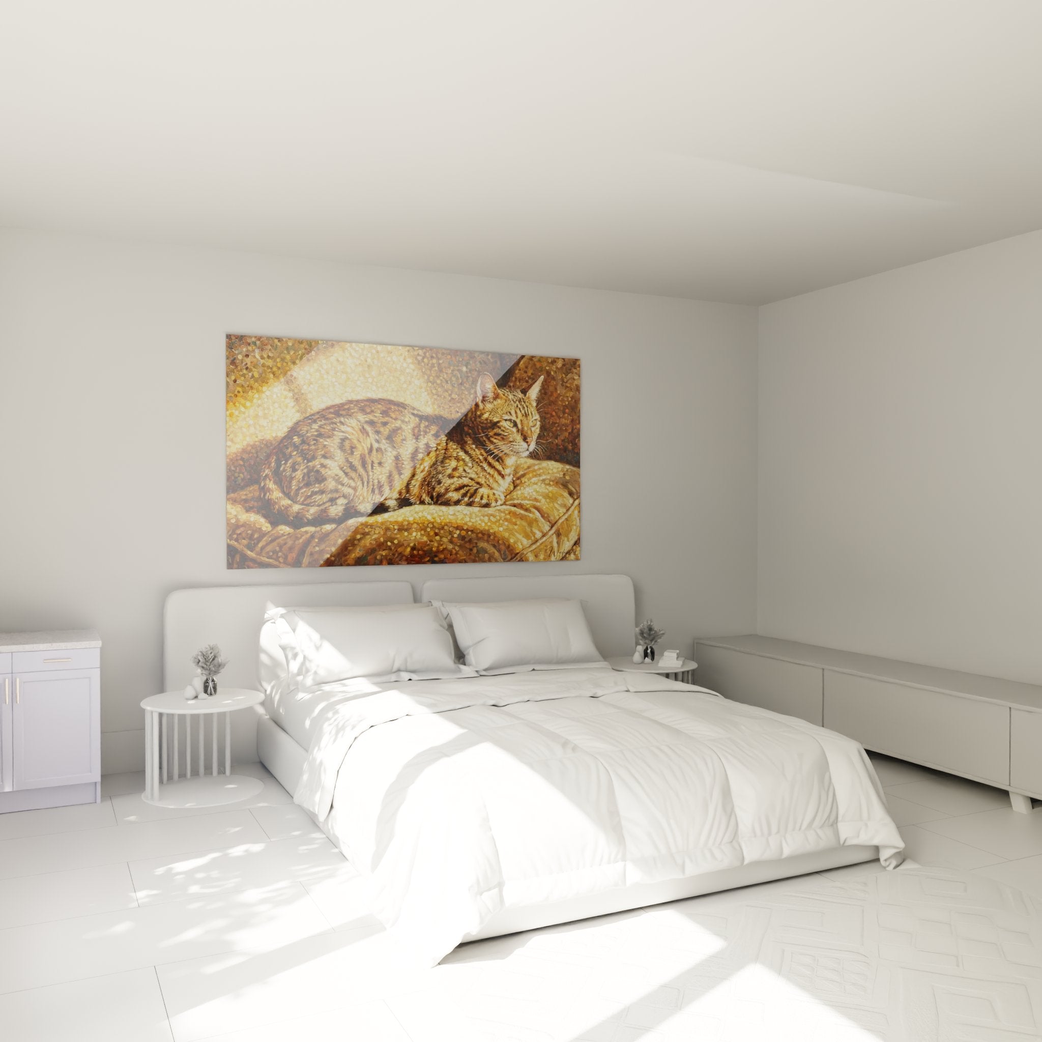 Golden Bengal cat canvas elegantly decorating a modern bedroom with soft lighting