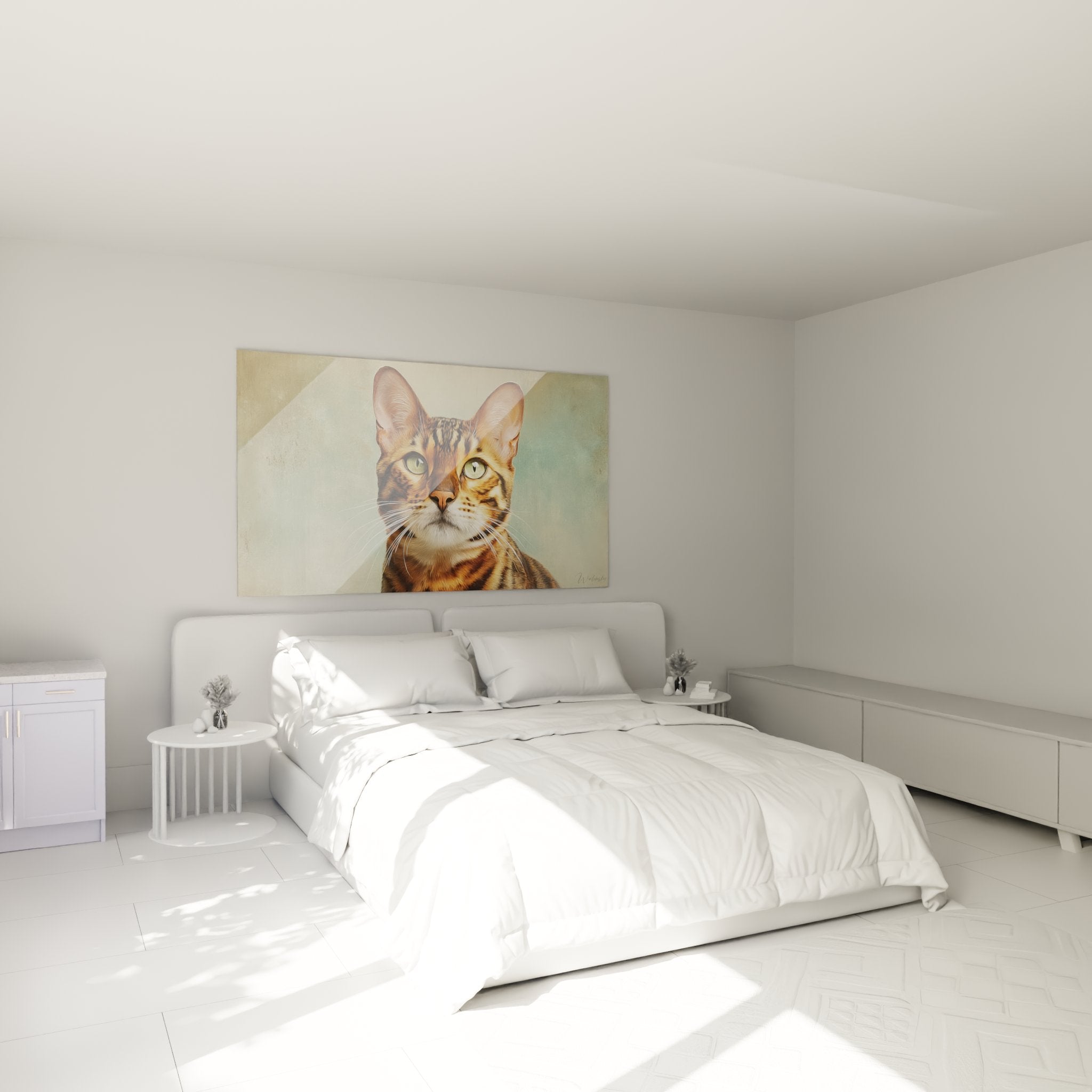 Toyger cat portrait wall art elegantly decorating a modern bedroom with harmonious color palette